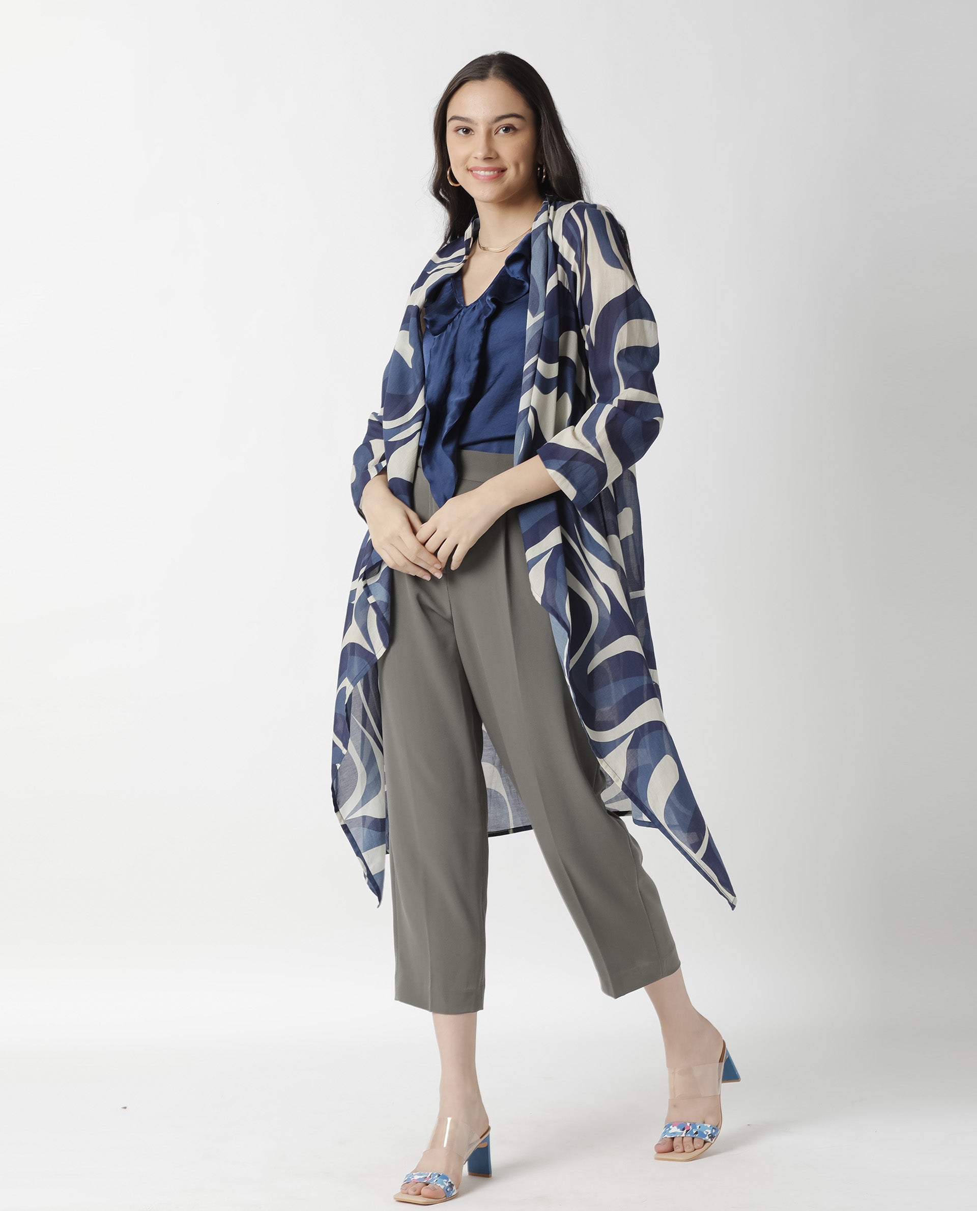Rareism Women Bohem Blue Overlayer Full Sleeves Printed