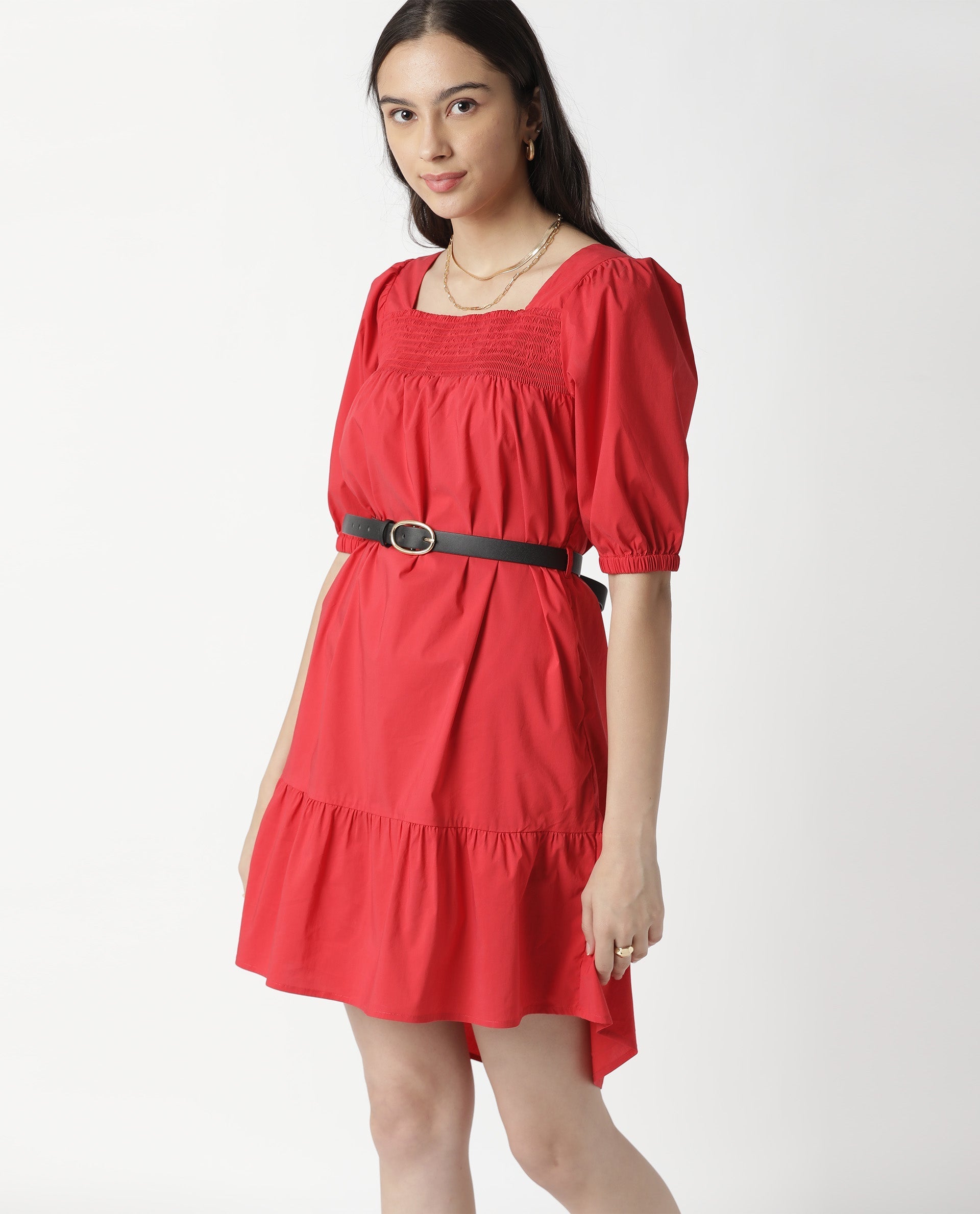 Rareism Womens Catchy Red Dress Cotton Lycra Fabric Relaxed Fit Puff Sleeves Square Neck
