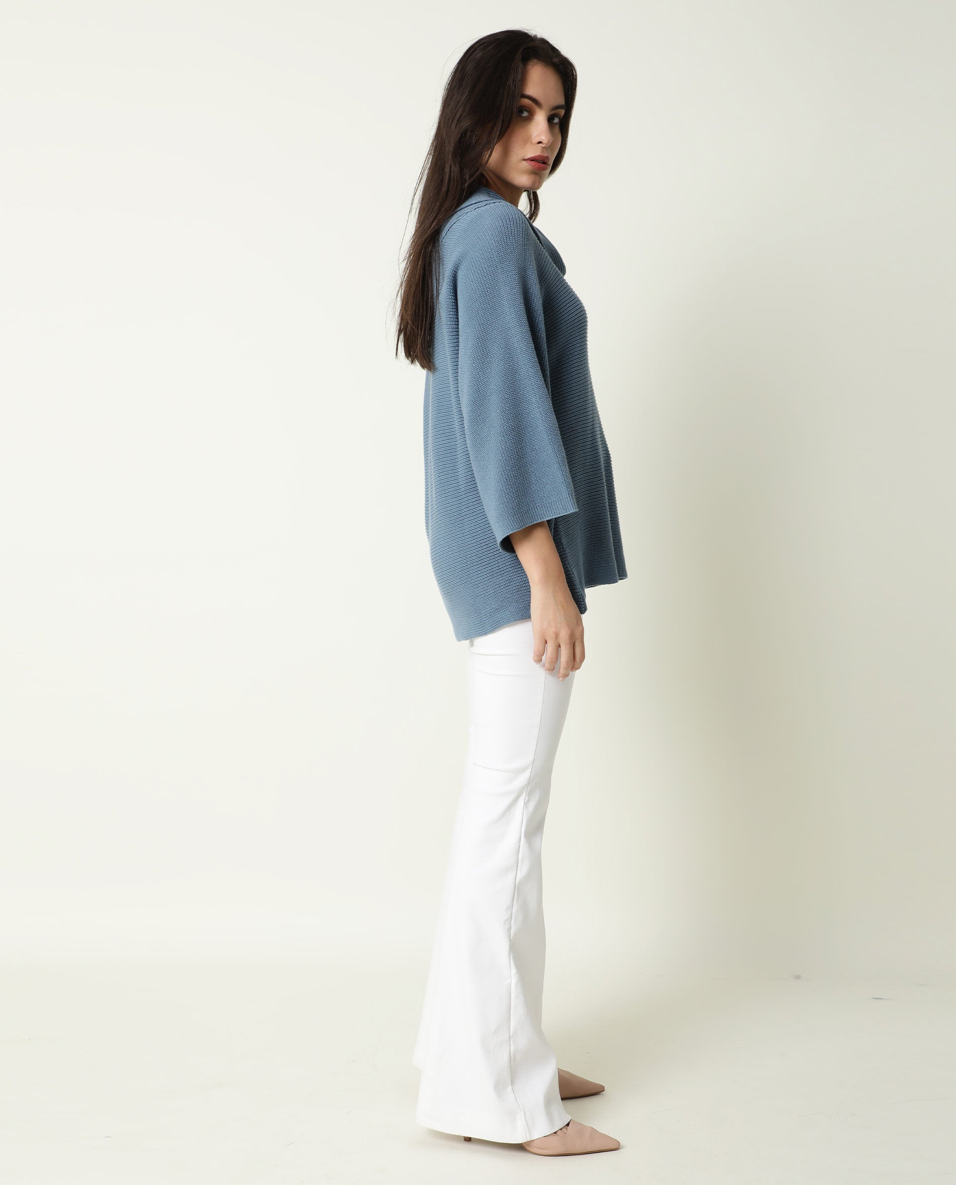Rareism Women Cleo Blue 3/4Th Sleeves Relaxed Fit Solid Cowl Neck Sweater