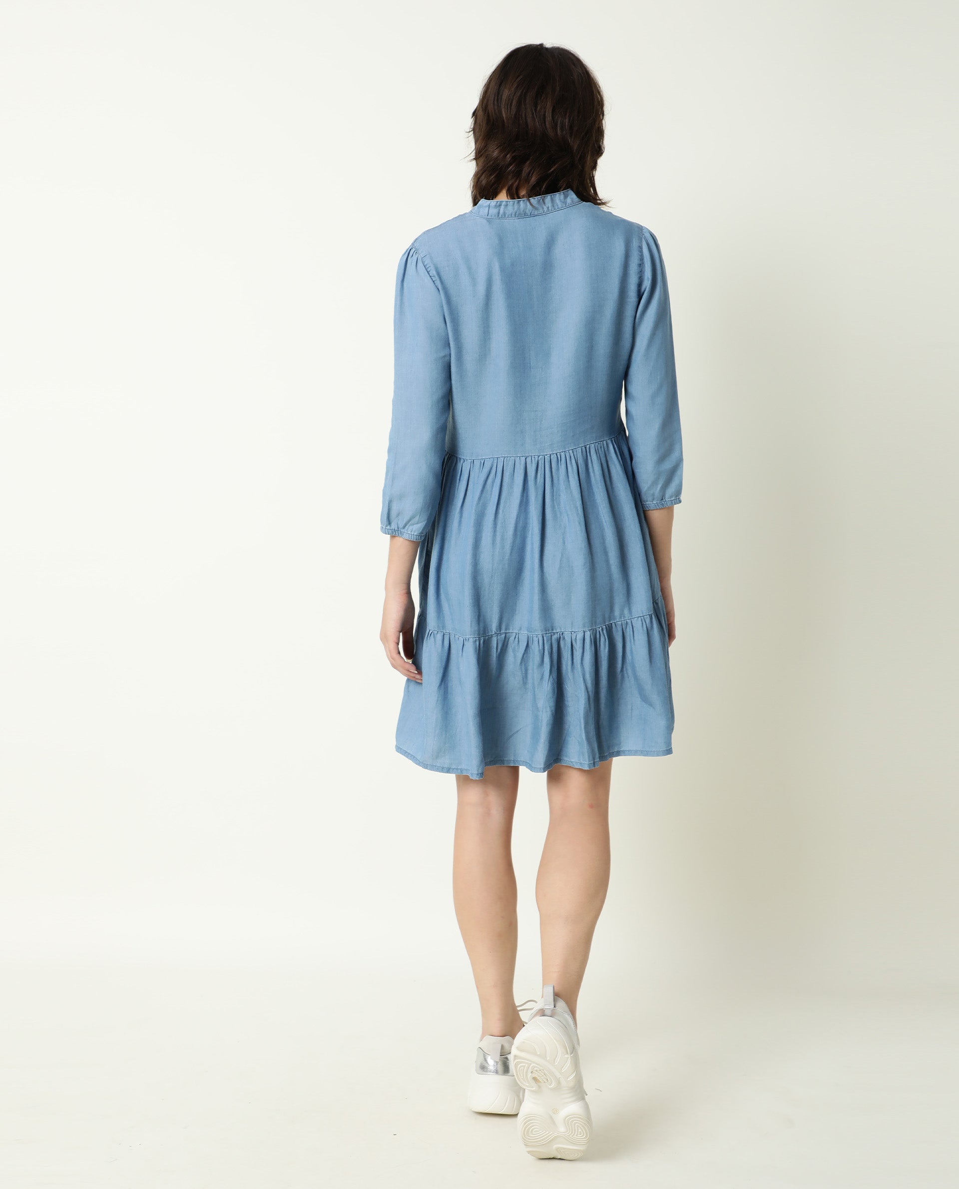 Rareism Women Mayo Blue Mandarin Collar Full Sleeves With Pockets Tiered Knee Length Dress