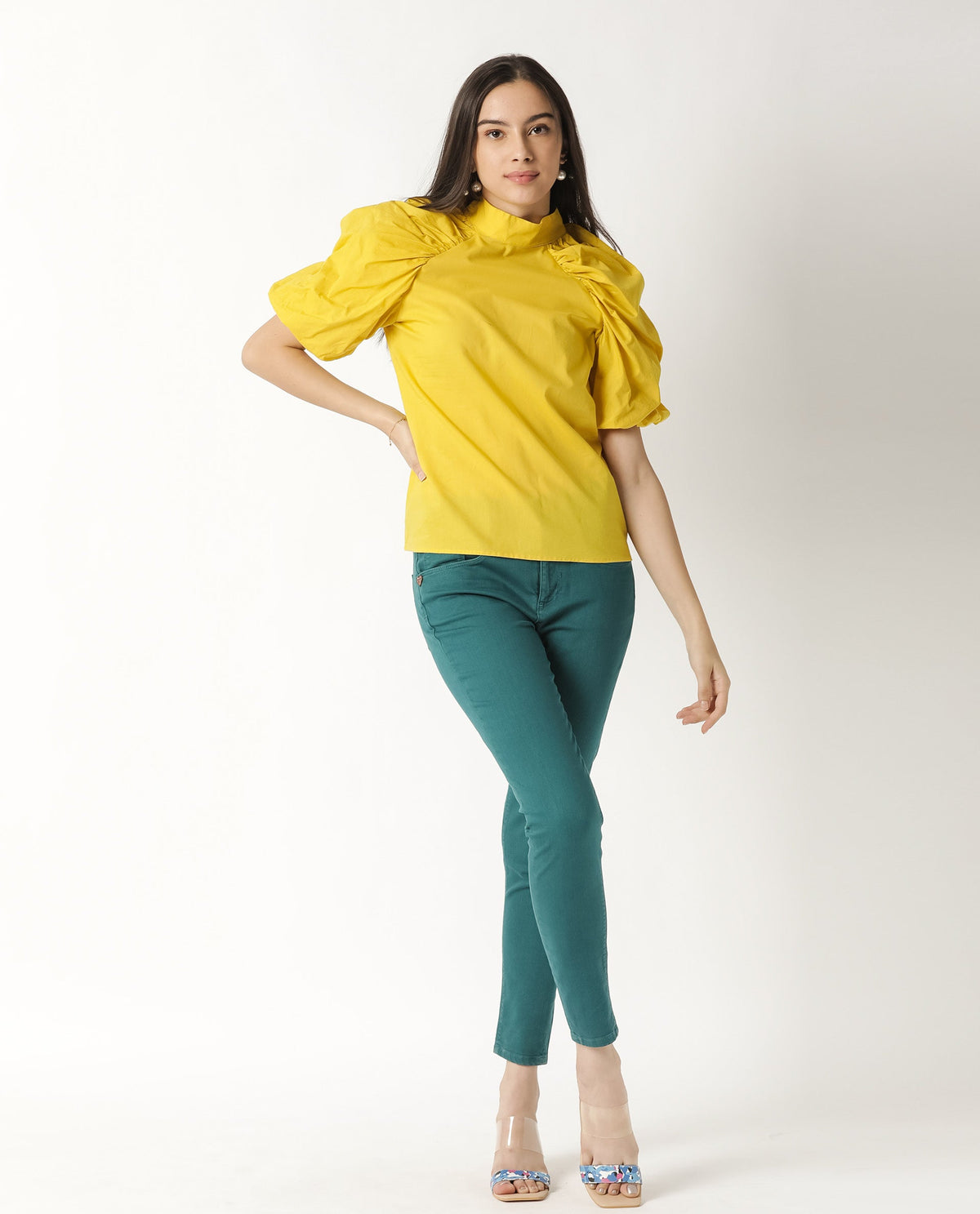 Rareism Womens Bobby Yellow Top Cotton Fabric Half Sleeve High Neck