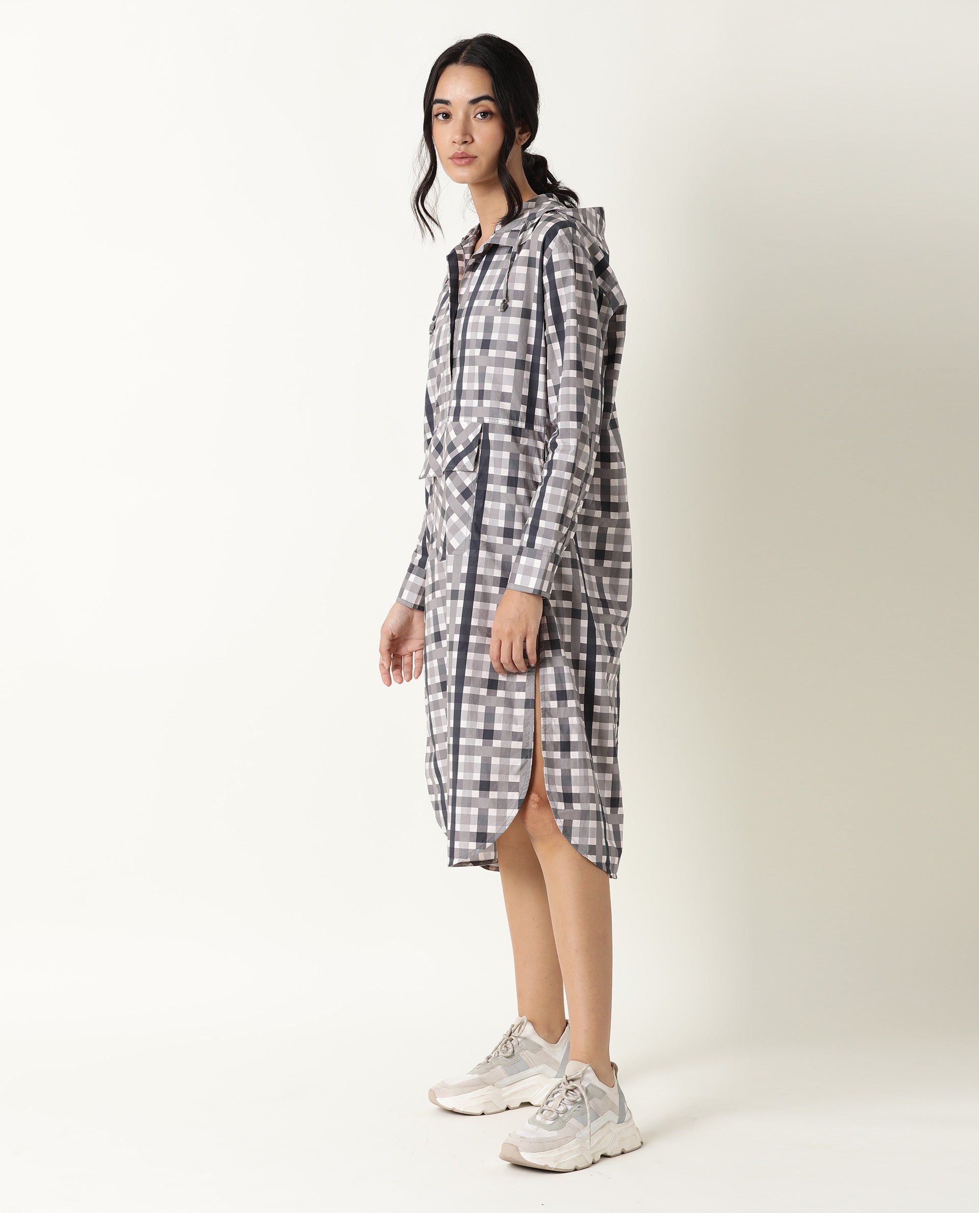 Rareism Women's Loreal Grey Hooded Checked Knee Length Regular Fit Dress