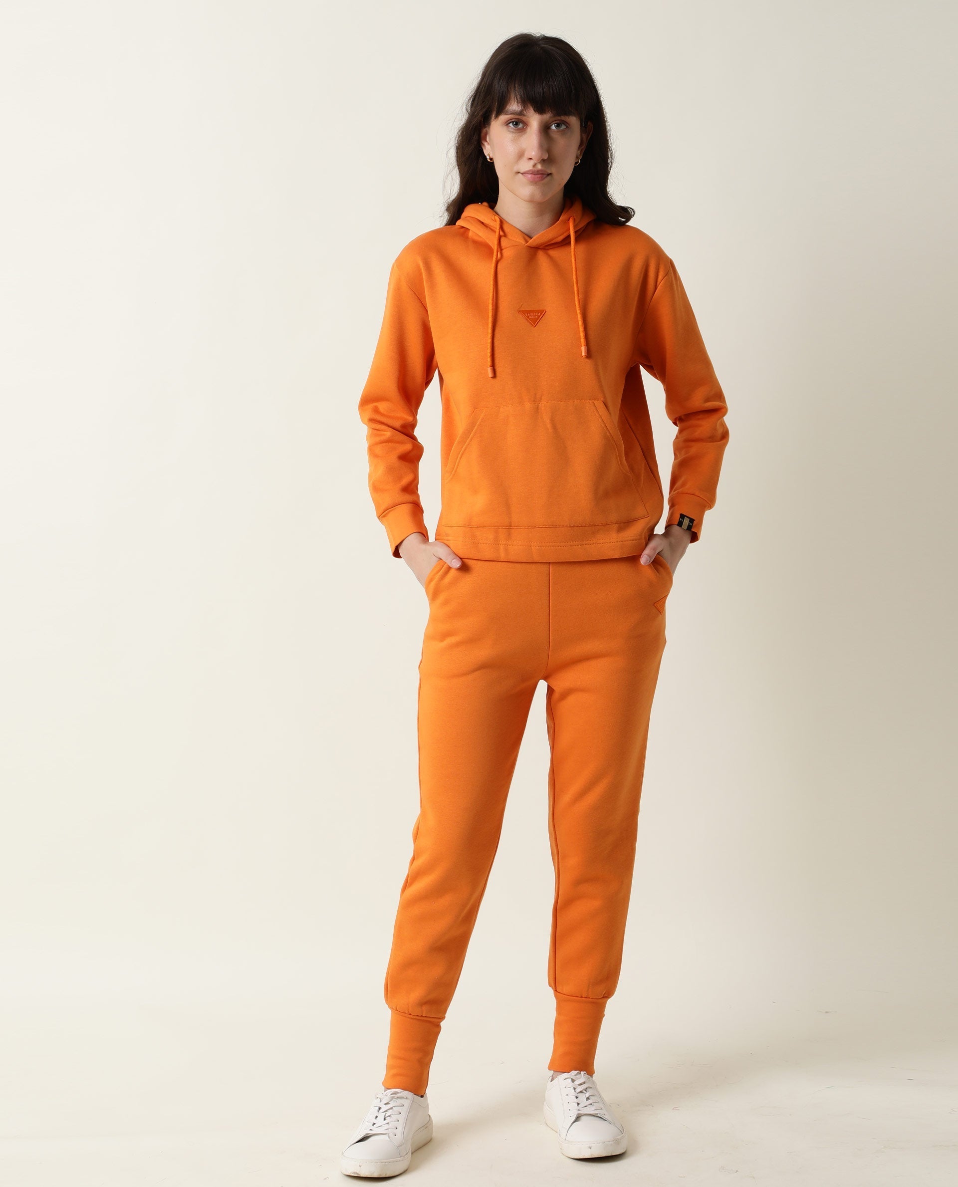 Rareism Women's Wally-1 Orange Cotton Blend Hooded Plain Relaxed Fit Sweatshirt
