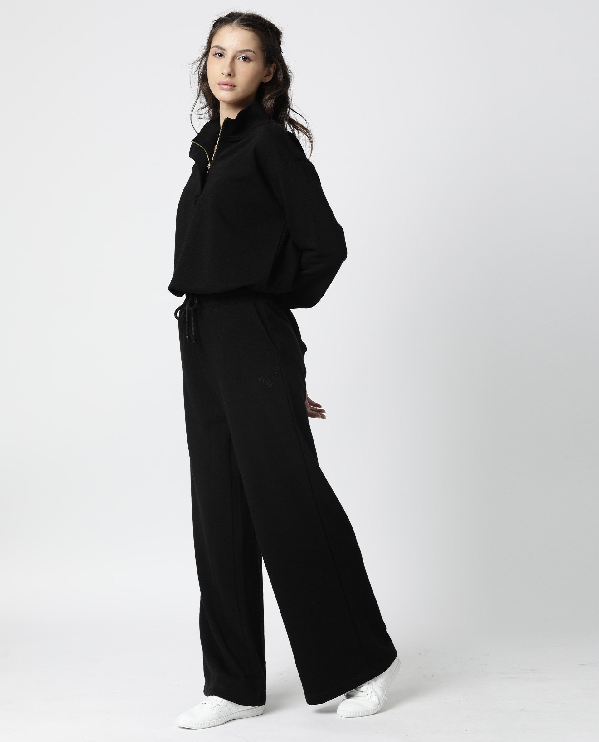 Rareism Women Taffy Black Relaxed Fit Full Sleeves Solid High Neck Sweatshirt