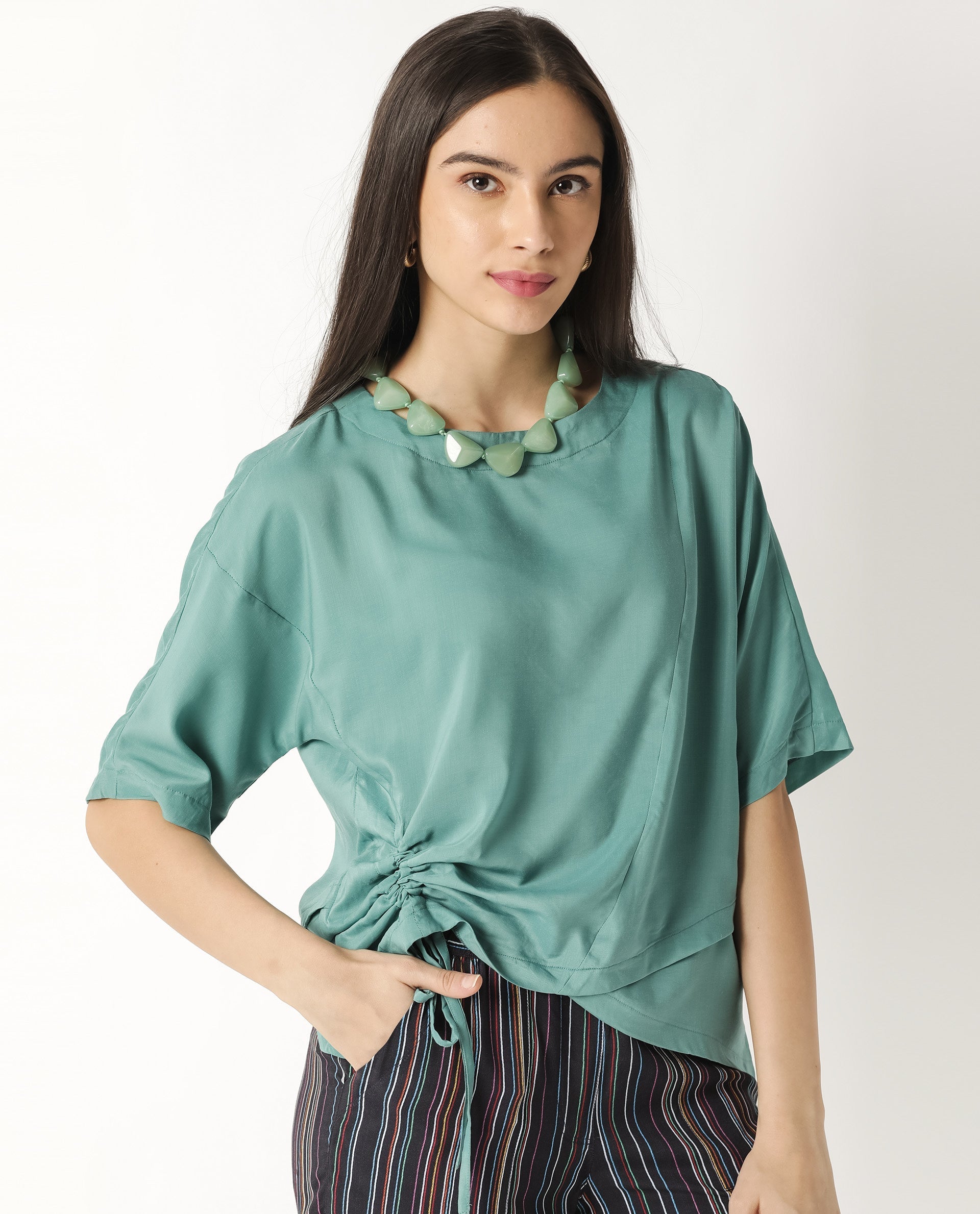 Rareism Women Paecos Green Polyester Fabric Regular Fit Boat Neck 3/4Th Sleeves Solid Top