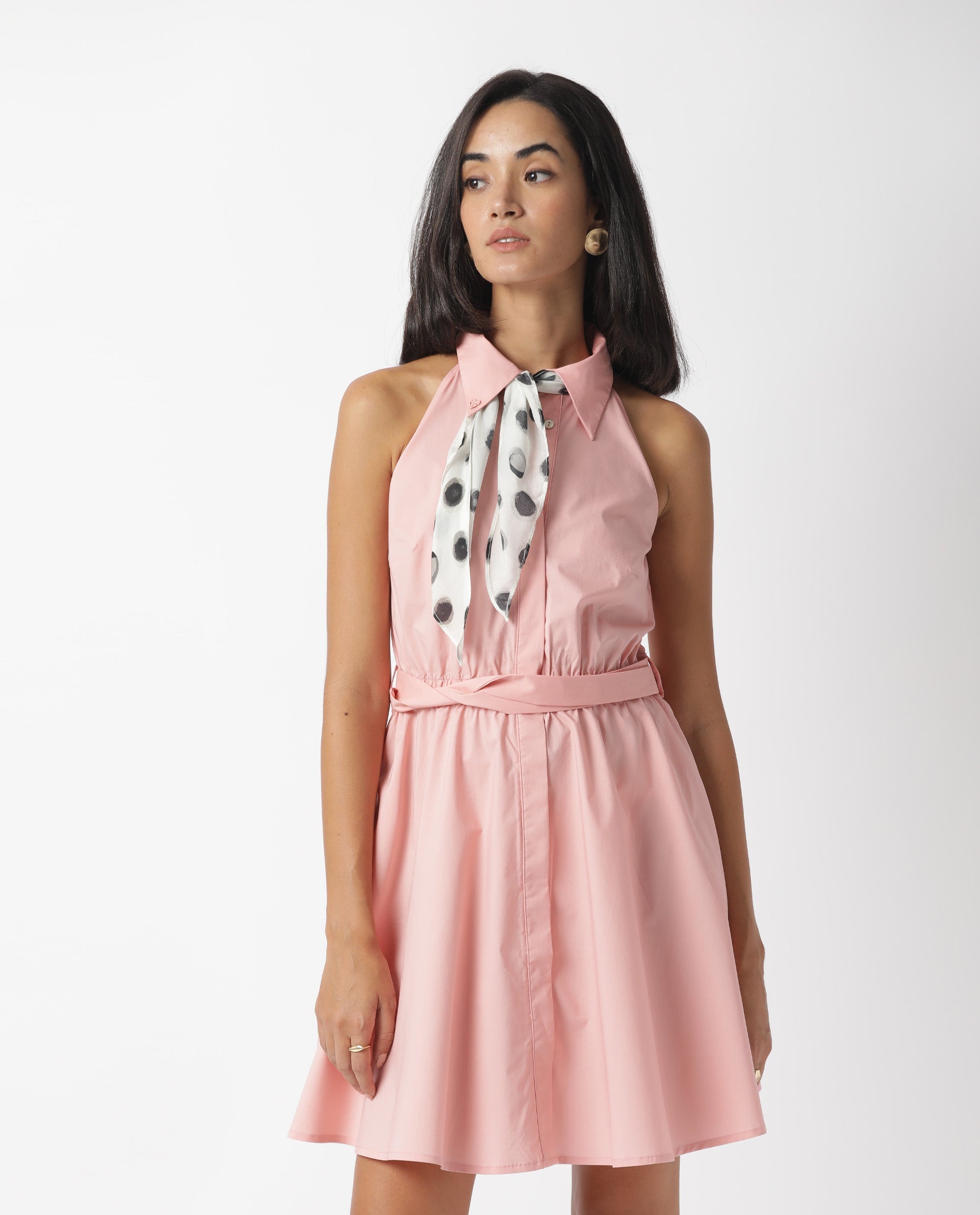 Rareism Women Bessie Peach Shirt Collar Sleeveless Fabric Waist Belt Mini Dress