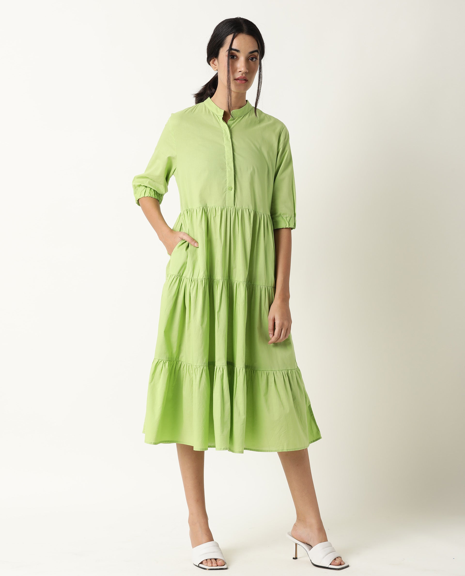 Rareism Womens Intro Green Dress Cotton Fabric Regular Fit Puff Sleeves Mandarin Neck