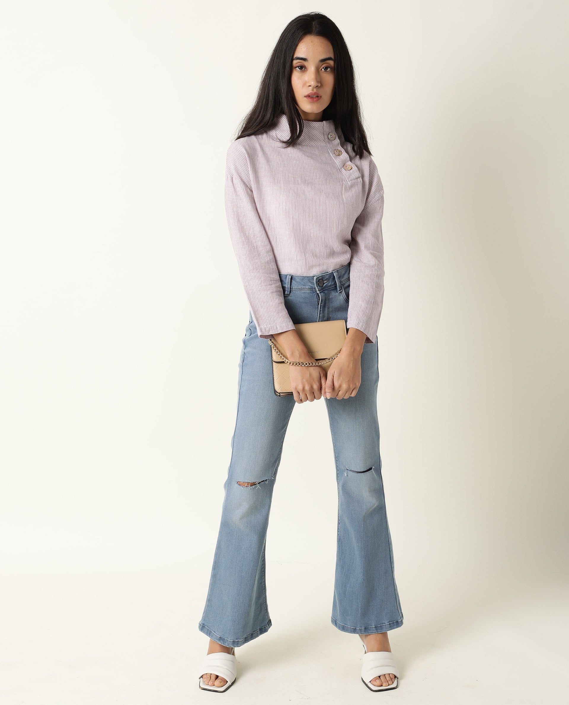 Rareism Women Mute Pastel Purple Cotton Linen Fabric Regular Fit High Neck Full Sleeves Solid Top