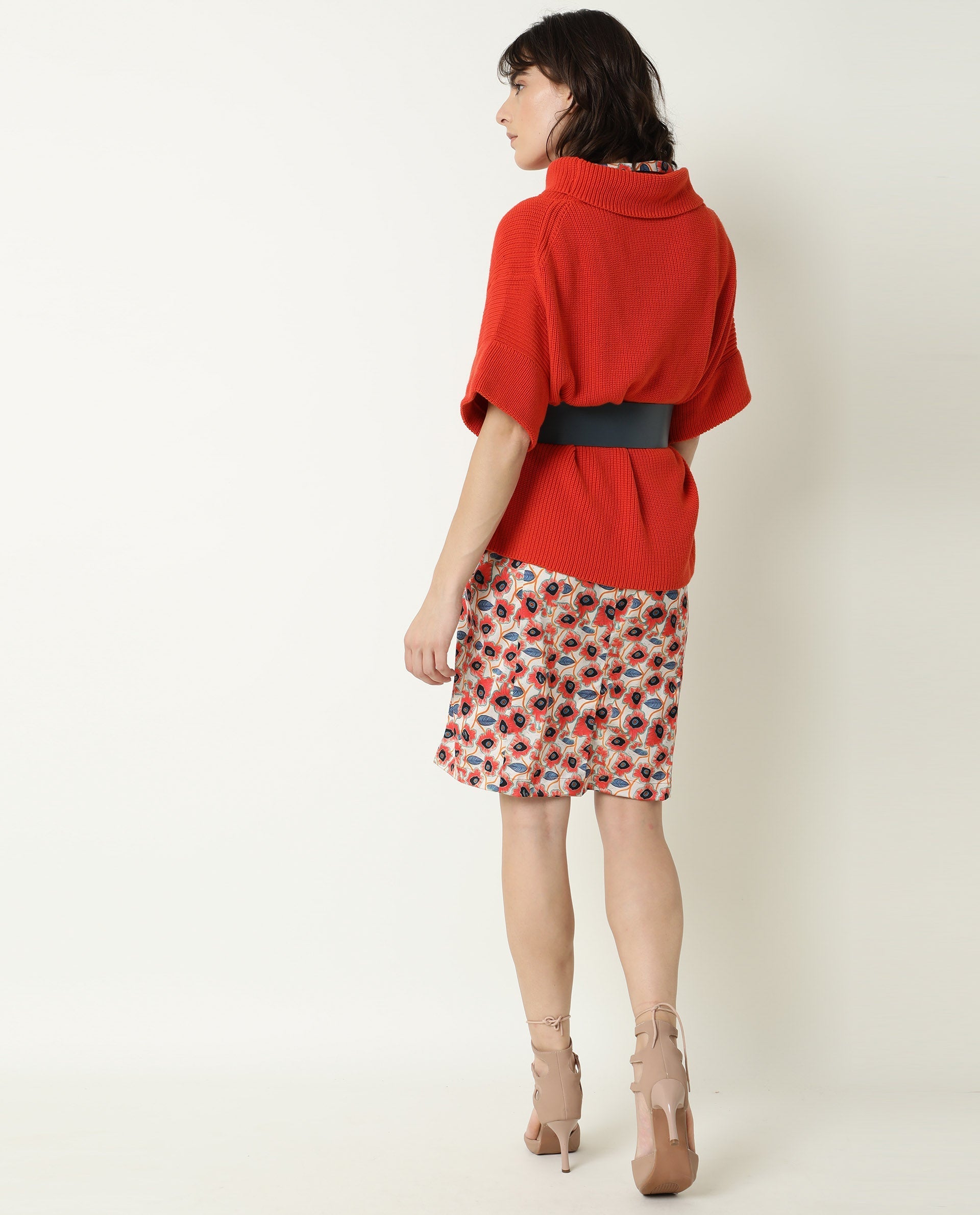 Rareism Women Daffy Orange Cotton Fabric Half Sleeves Relaxed Fit Solid Cowl Neck Sweater