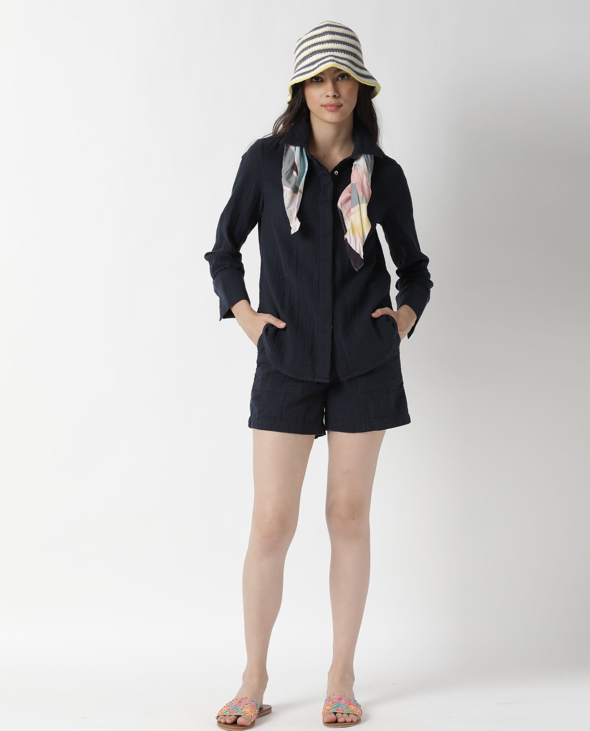 Rareism Womens Lock Navy Top Cotton Fabric Regular Fit Cuffed Sleeve Collared Neck