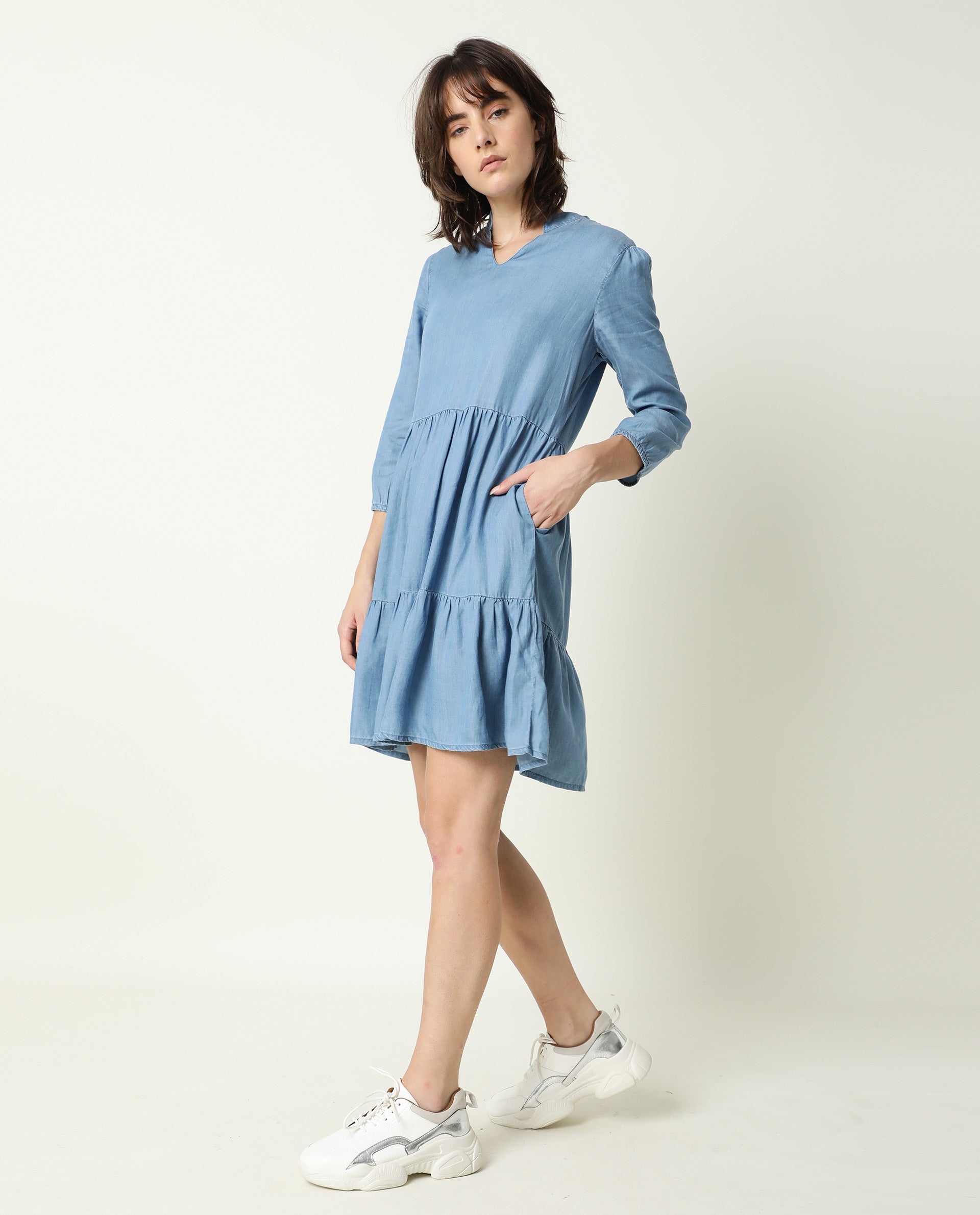 Rareism Women's Mayo Blue Lyocell V-Neck Plain Knee Length Relaxed Fit Dress