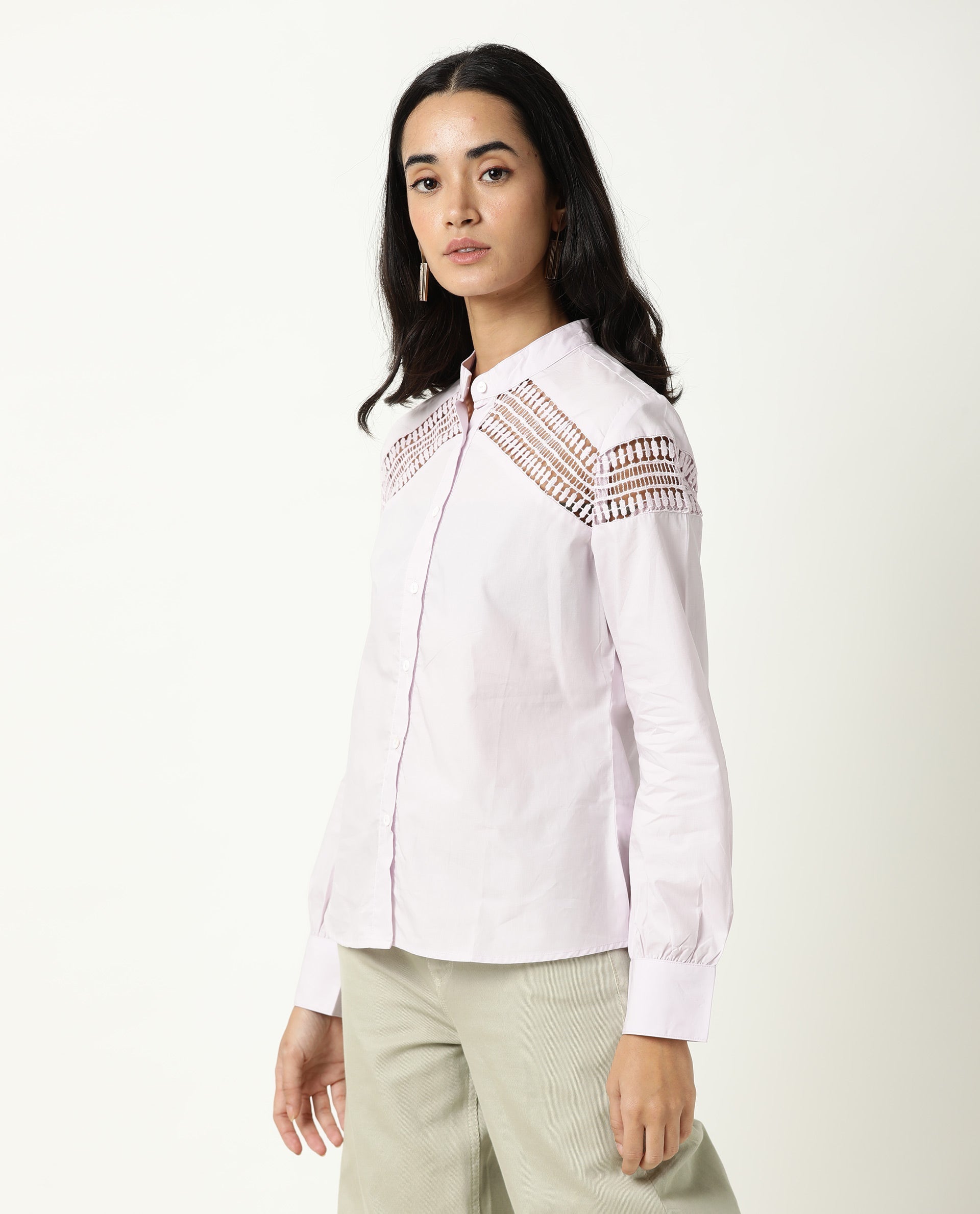 Rareism Women Zoom Pastel Purple Cotton Fabric Regular Fit Mandarin Collar Full Sleeves Solid Top