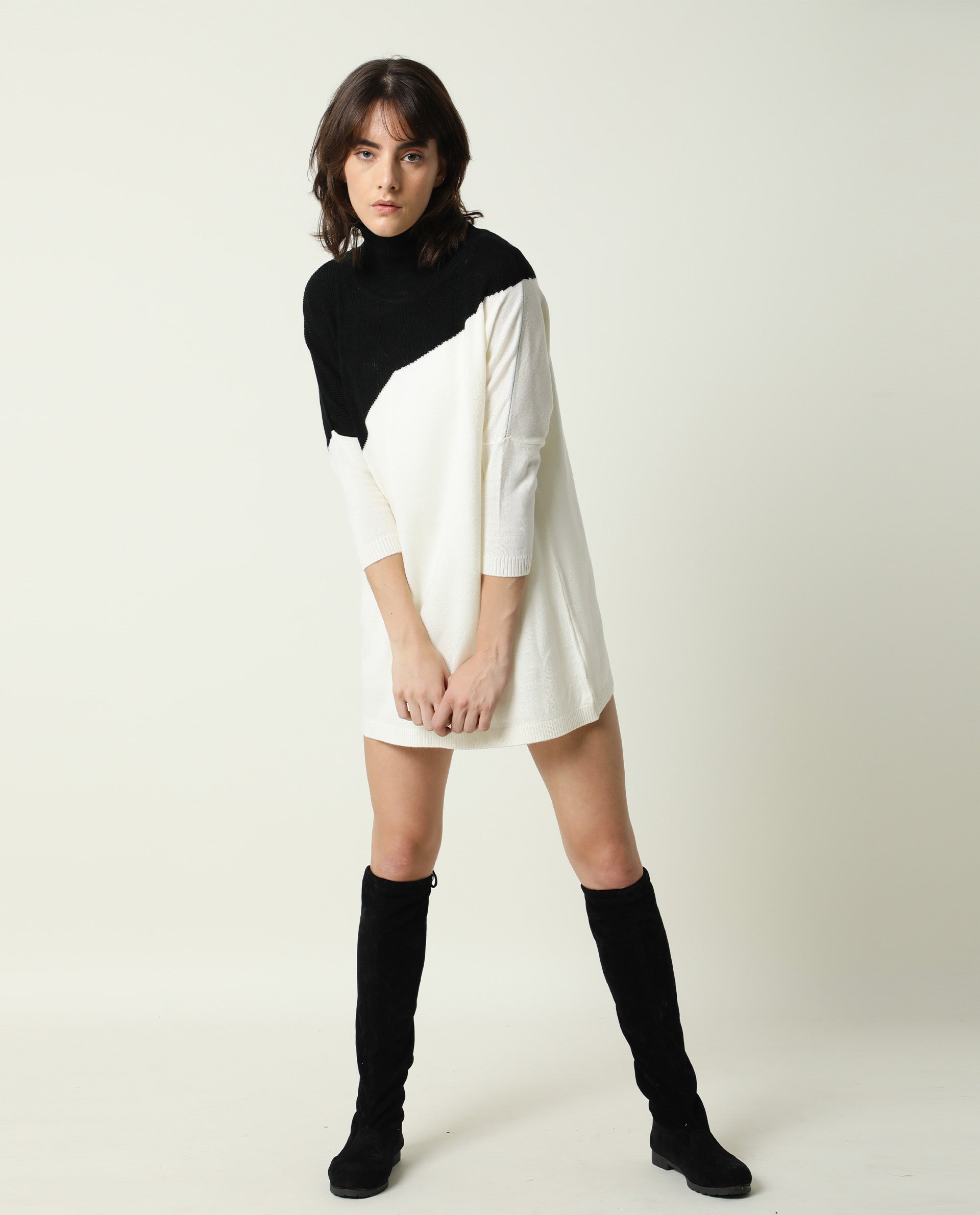 Rareism Women Spaton Black Acrylic Fabric Full Sleeves Knee Length Regular Fit Color Blocked High Neck Sweater