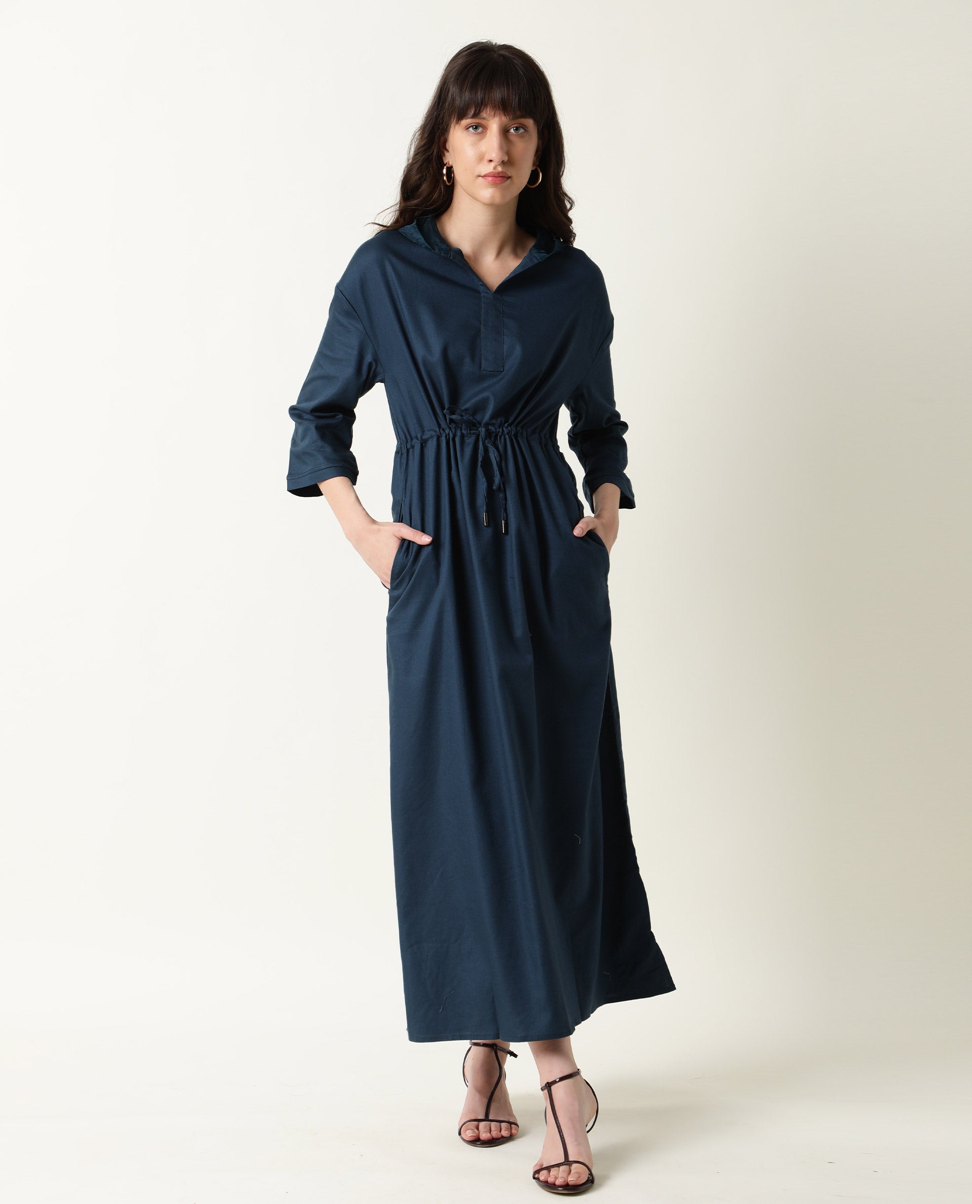 Rareism Womens Chalk Petrol Dress Tencel Fabric Hooded Long Length