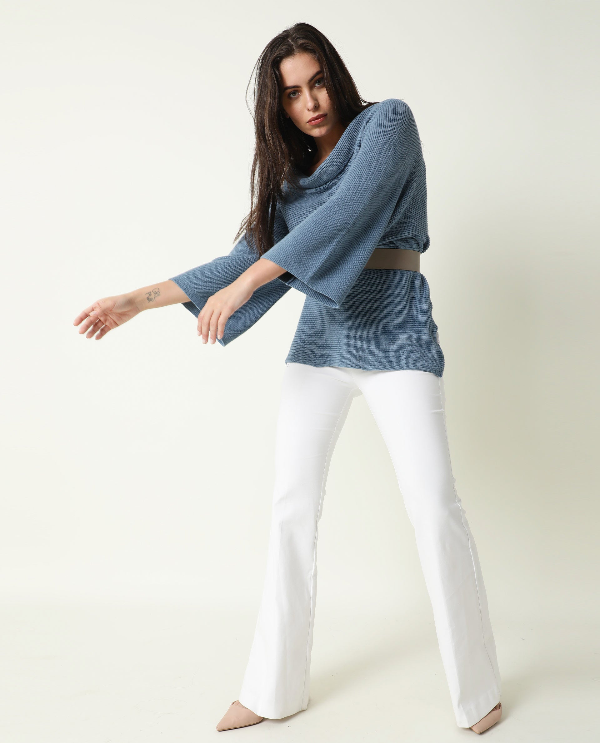 Rareism Women Cleo Blue 3/4Th Sleeves Relaxed Fit Solid Cowl Neck Sweater