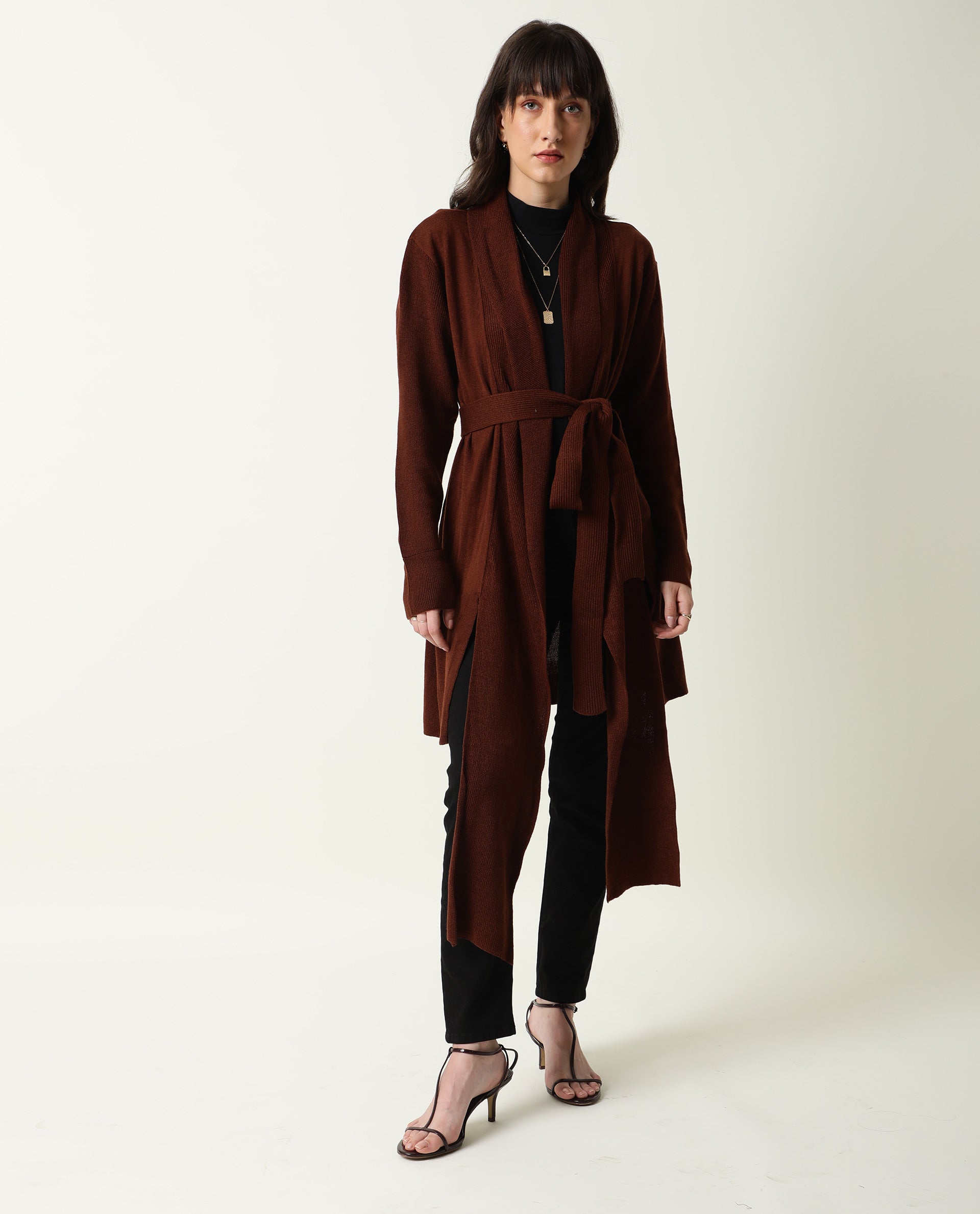 Rareism Women's Flap Brown Acrylic Collarless Plain Knee Length Regular Fit Sweater