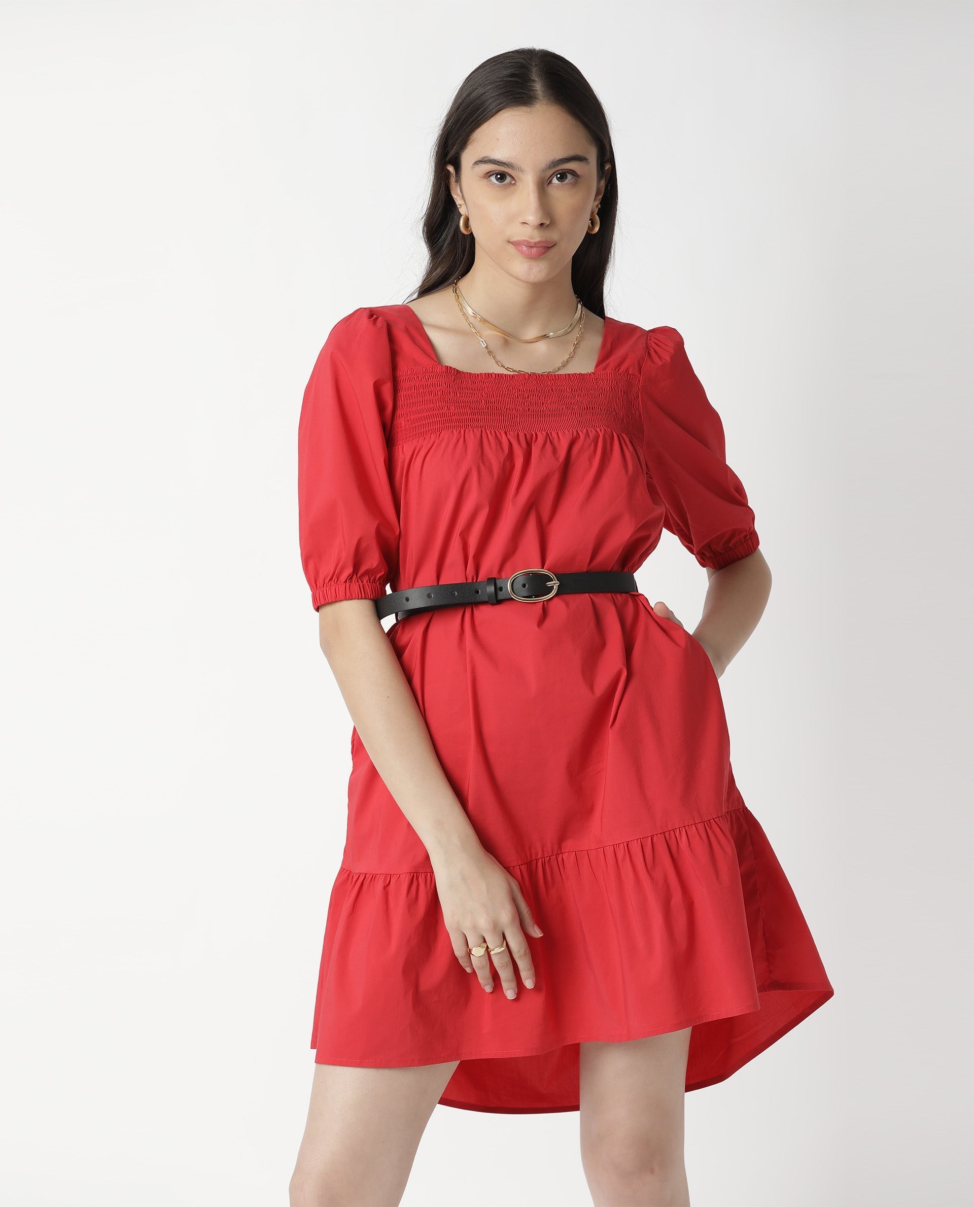 Rareism Womens Catchy Red Dress Cotton Lycra Fabric Relaxed Fit Puff Sleeves Square Neck