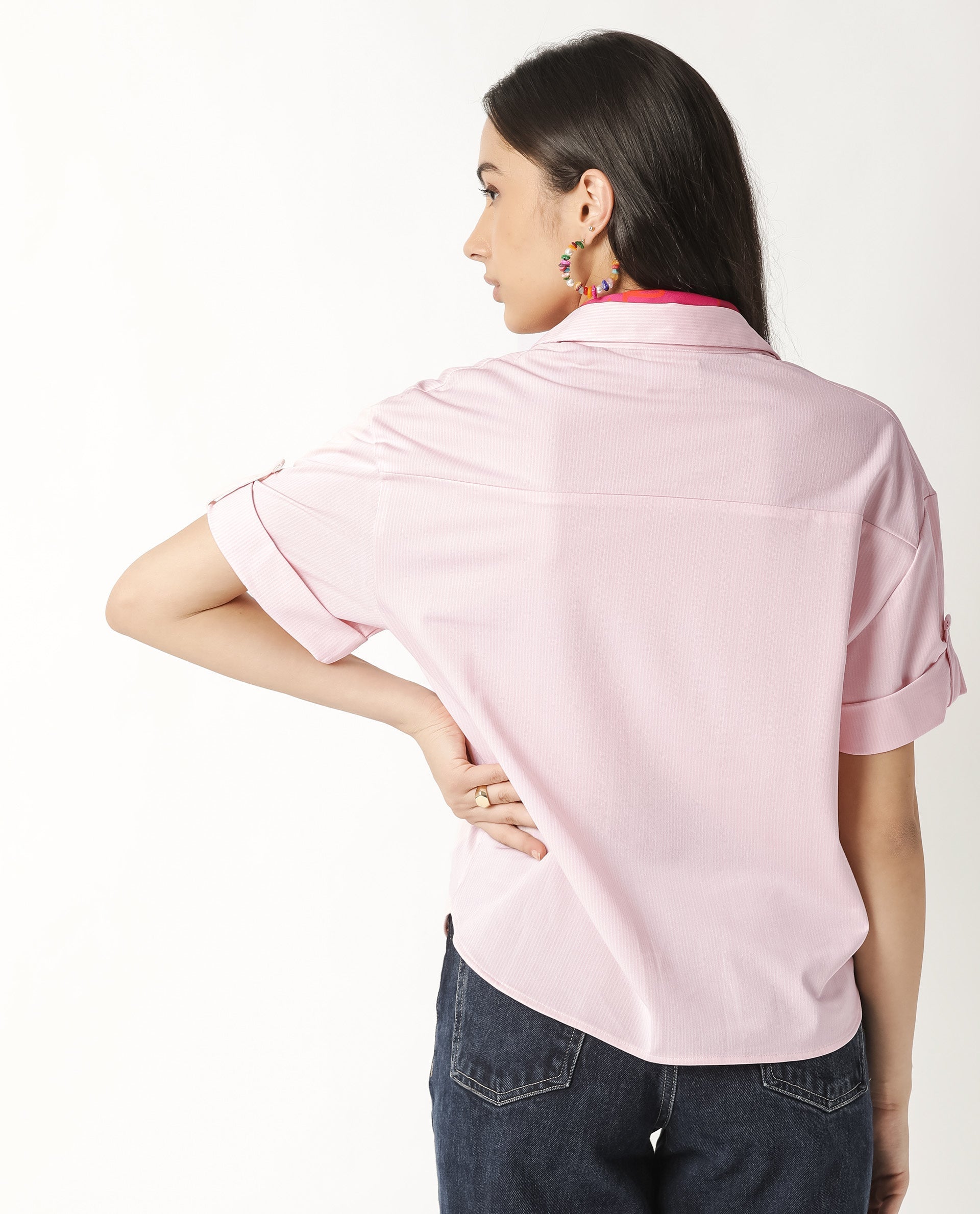 Rareism Women Bolero Pink Regular Fit Shirt Collar Half Sleeves Solid Top