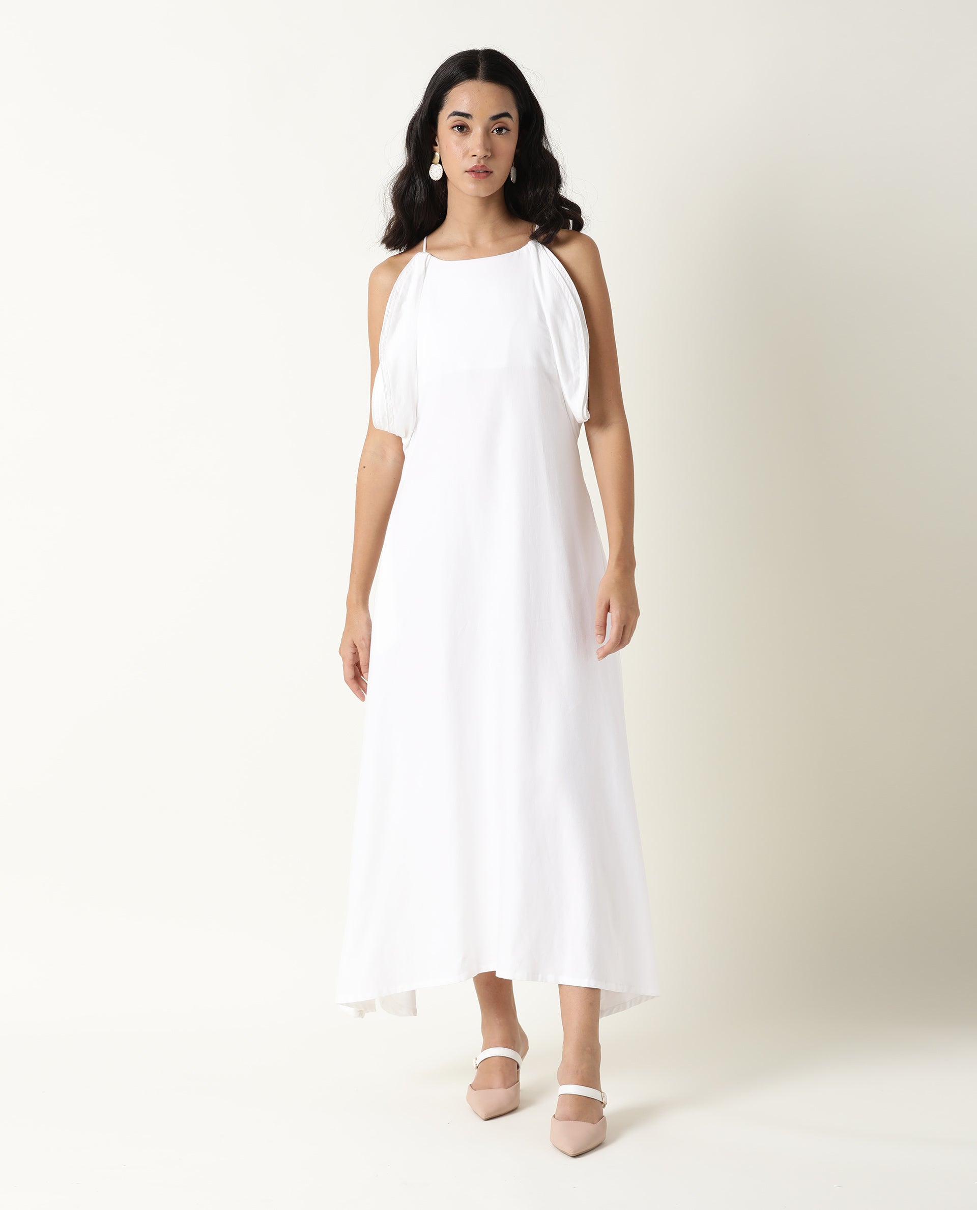 Rareism Women's Acron White Tencel Shoulder Strap Plain Sleeveless Maxi Regular Fit Dress