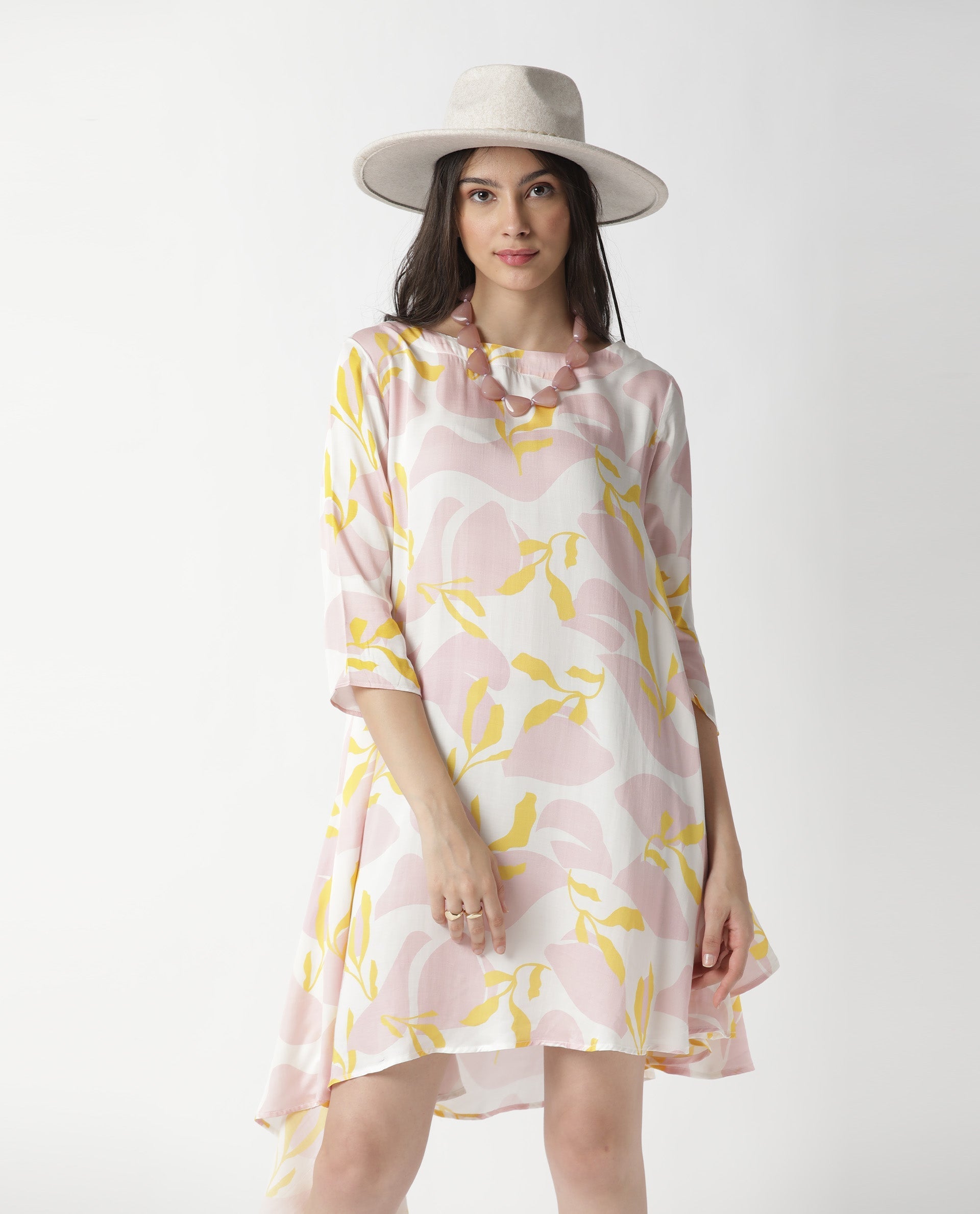 Rareism Womens Spider Pink Dress Modal Fabric Relaxed Fit 3/4 Sleeve Round Neck