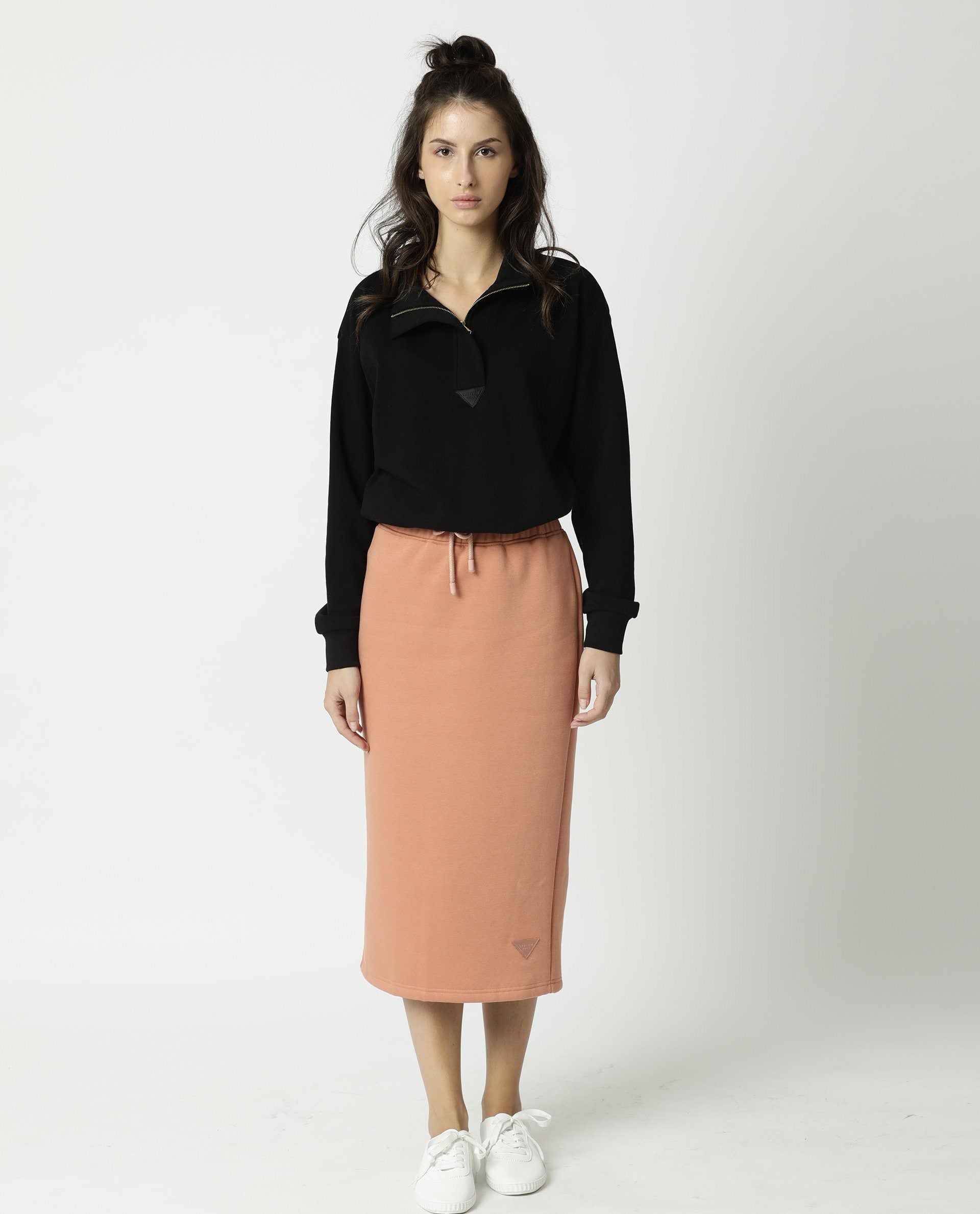 Rareism Women's Fudge Orange Polyester Blend Plain Midi Tailored Skirt
