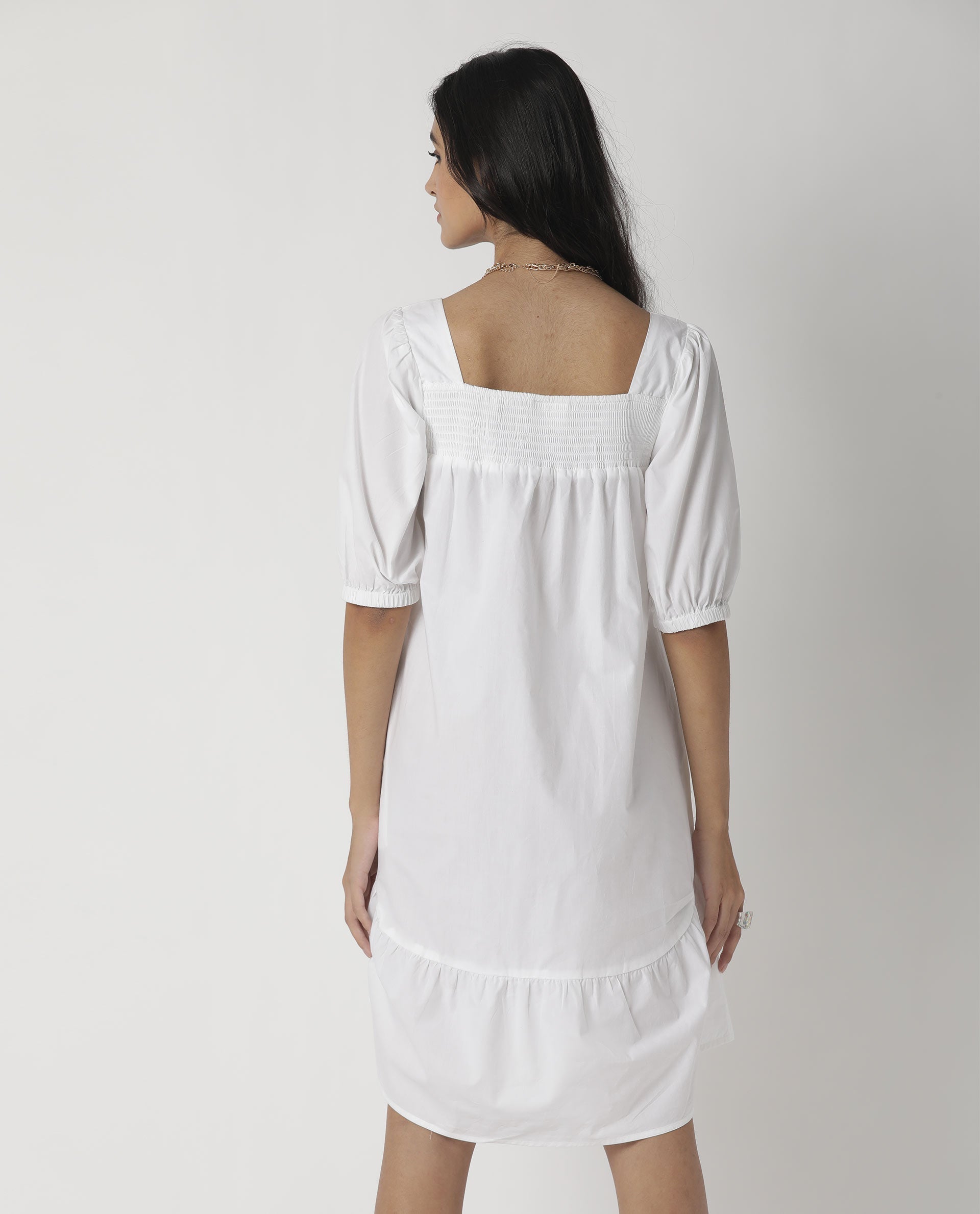 Rareism Womens Tapo White Dress Cotton Fabric Regular Fit Half Sleeve Square Neck