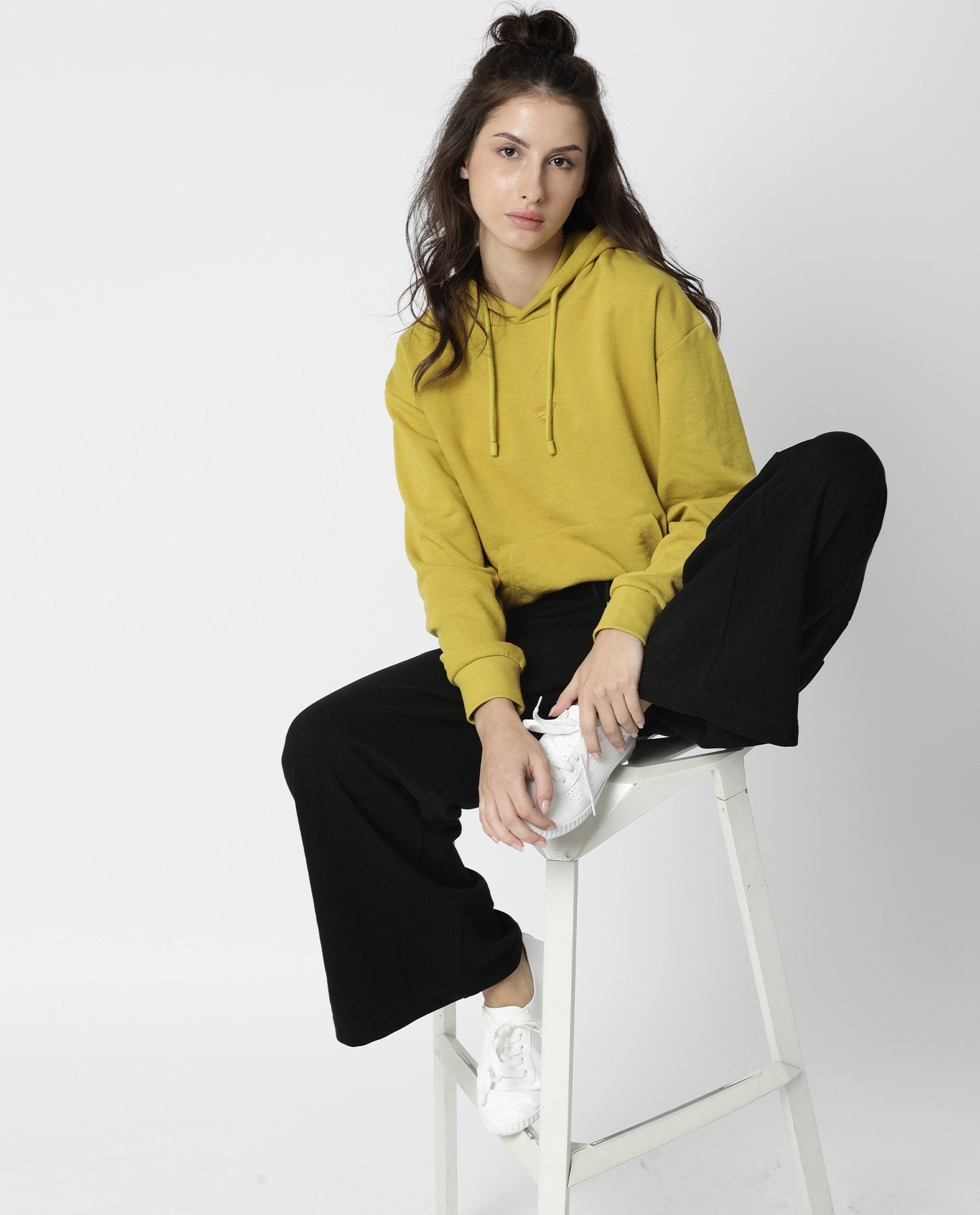Rareism Women Wally Yellow Cotton Poly Fabric Relaxed Fit Full Sleeves Solid Hooded Sweatshirt