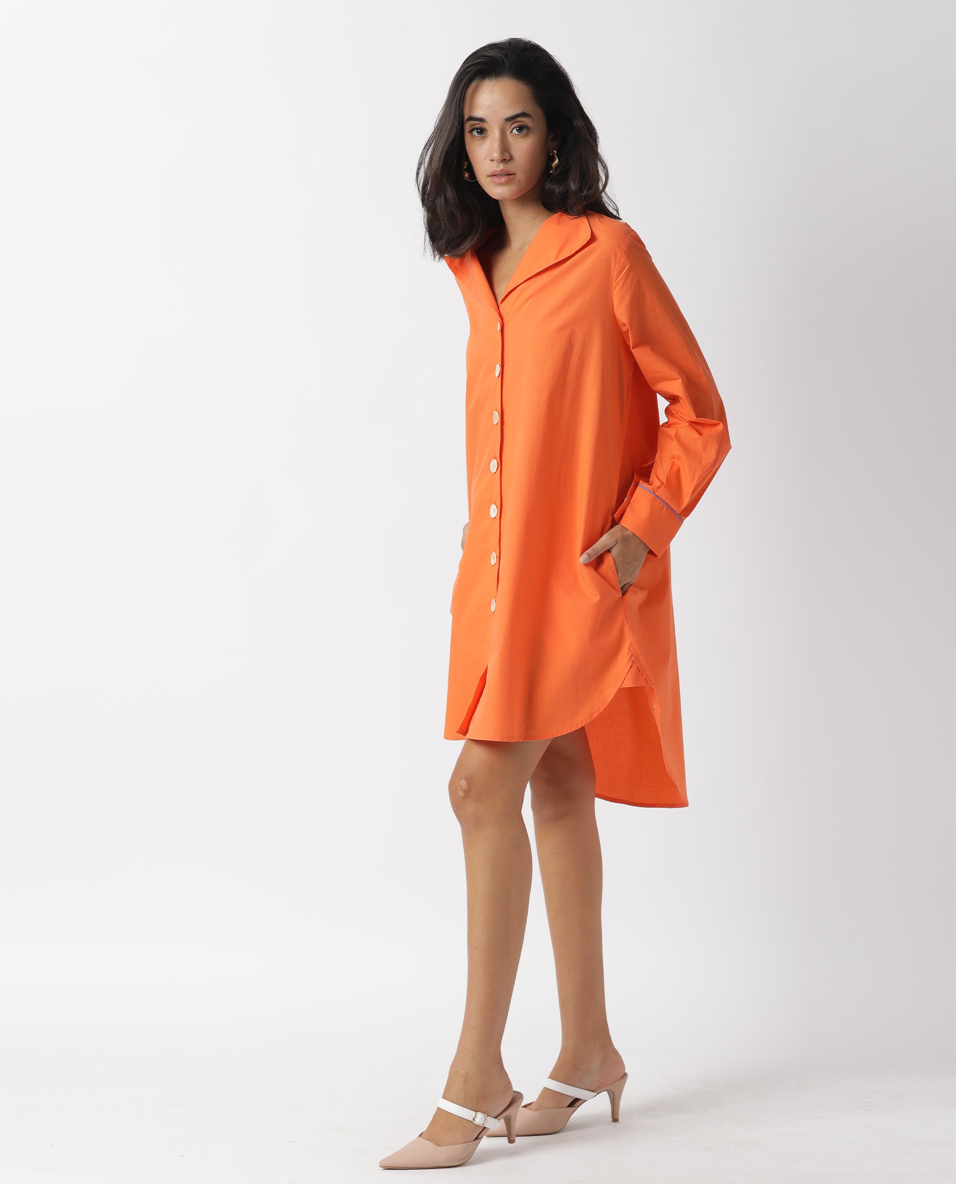 Rareism Women Tally Orange Lapel Collar Full Sleeves Front Full Button Closure Placket And Pockets Mini Dress