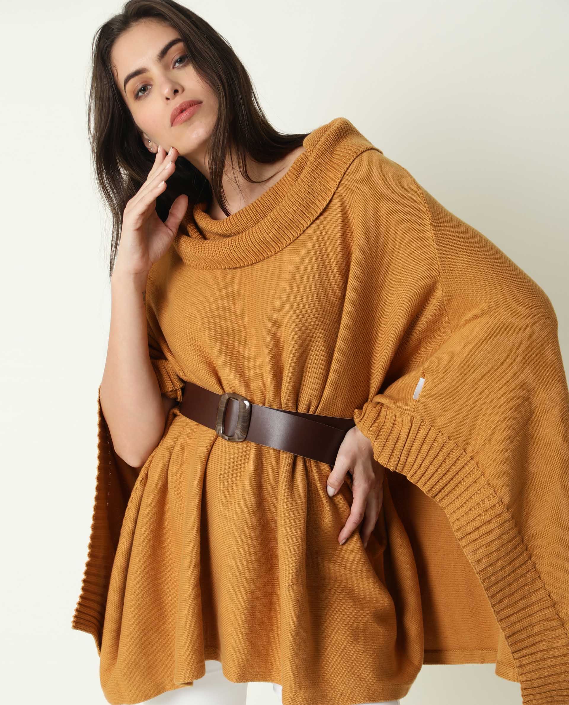 Rareism Womens Kafty Brown Over Layer Tube Neck Half Sleeve Oversize Fit