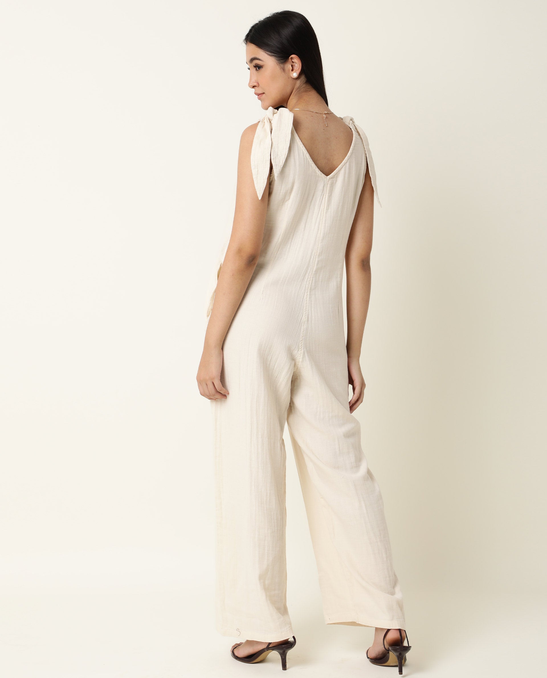 Rareism Women's Peanut Beige Cotton V-Neck Plain Sleeveless Knee Length Tailored Jumpsuit