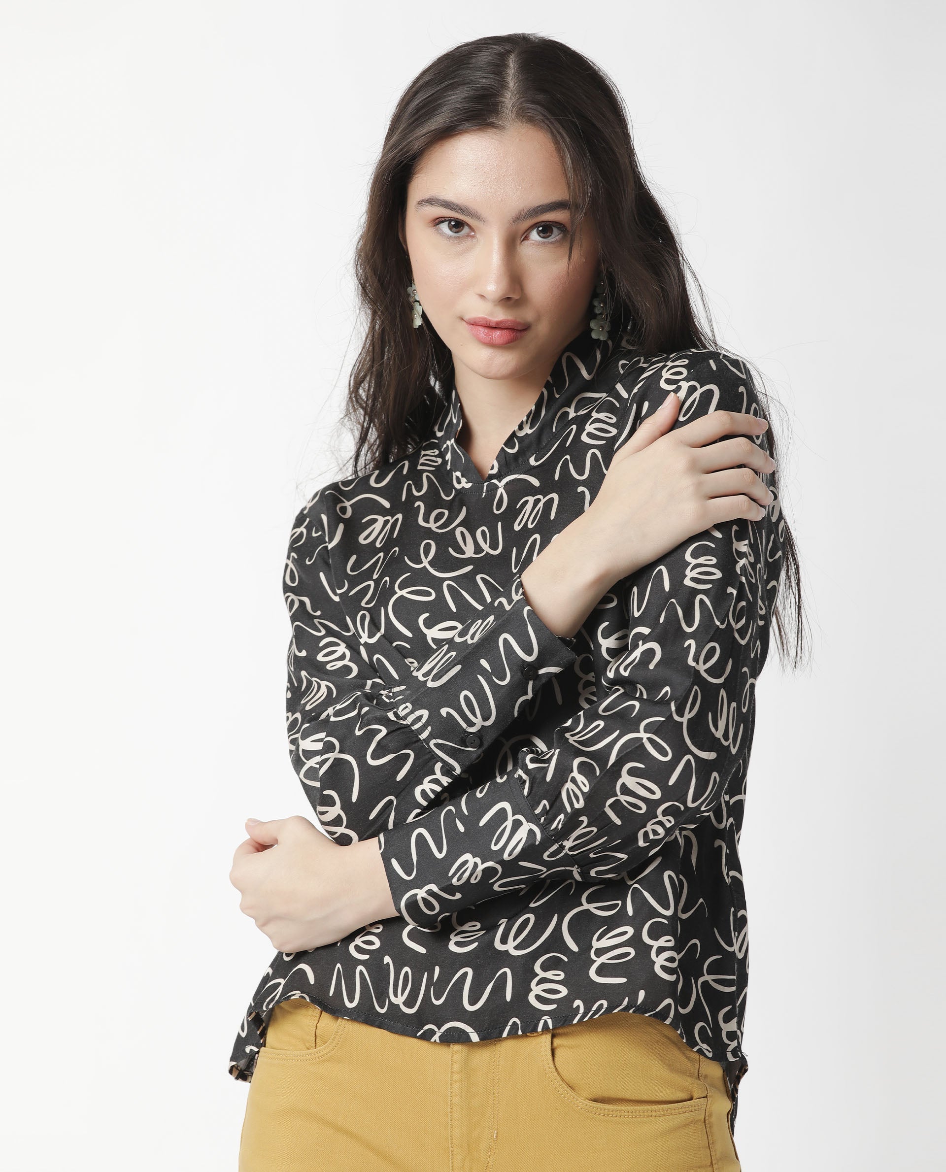Rareism Womens Zesh Black Top Modal Satin Fabric Regular Fit Full Sleeve High Neck