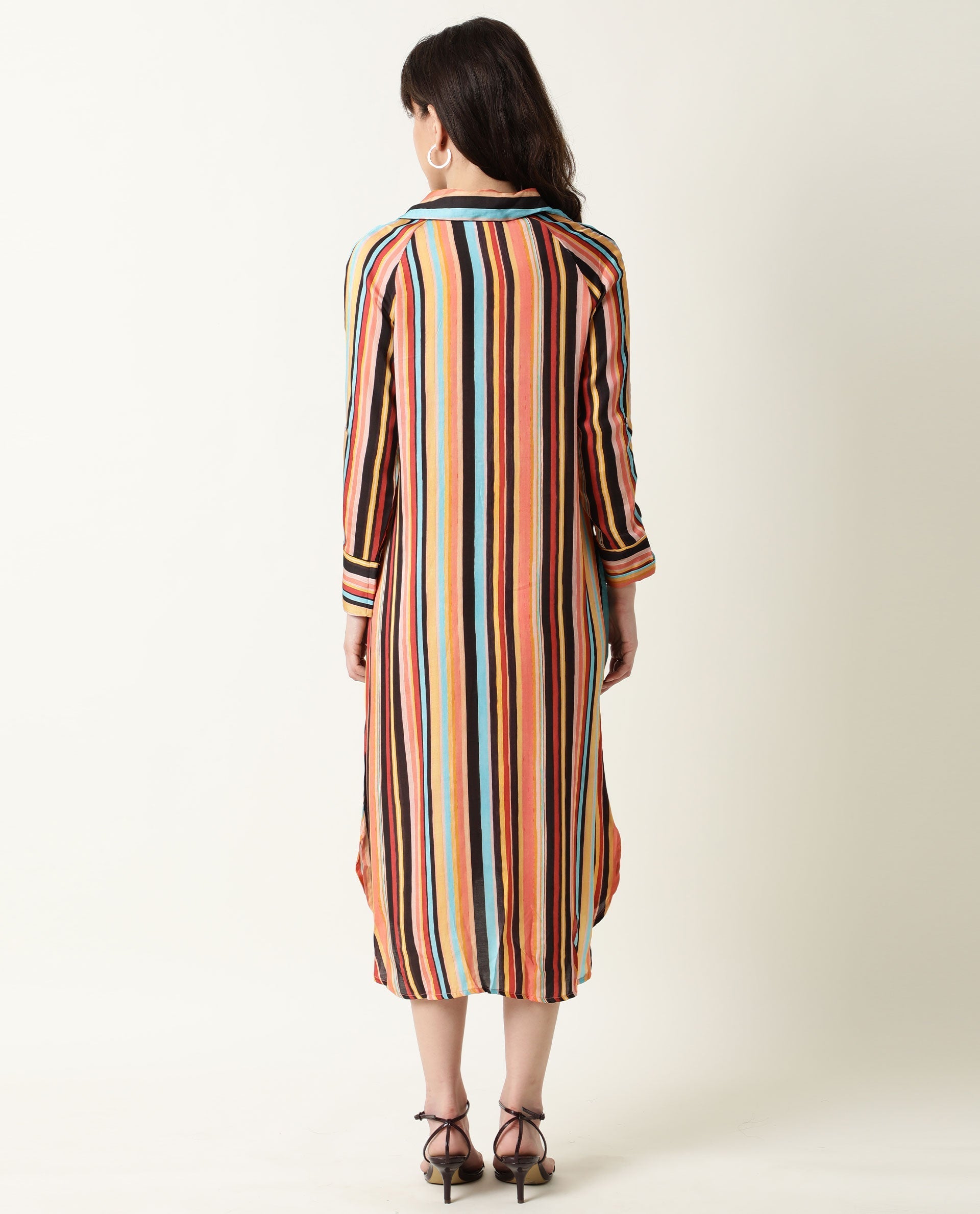 Rareism Women's Mathers Brown Spread Collar Striped Knee Length Regular Fit Dress