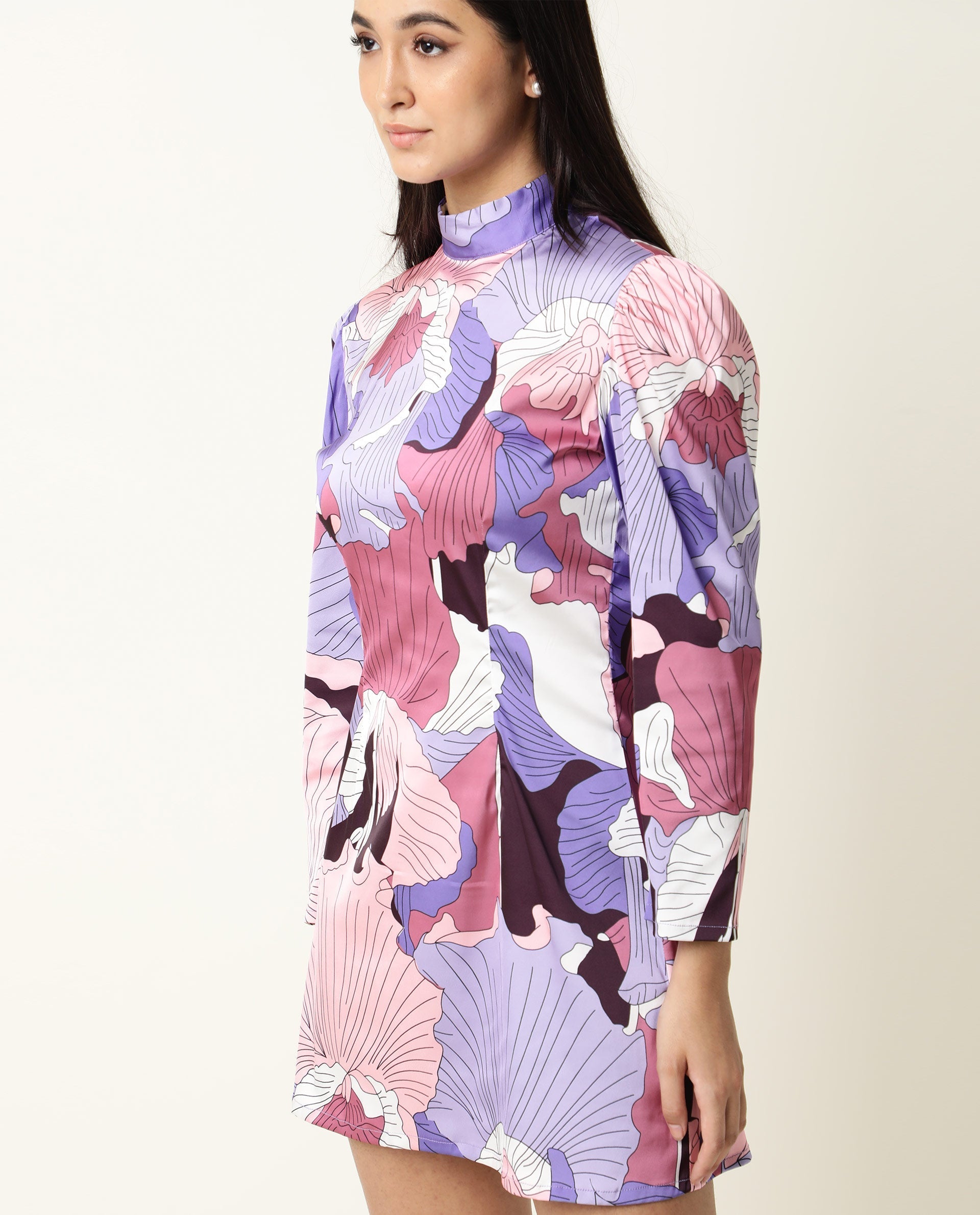Rareism Women's Mylah Multi High Neck Floral Print Knee Length Regular Fit Dress