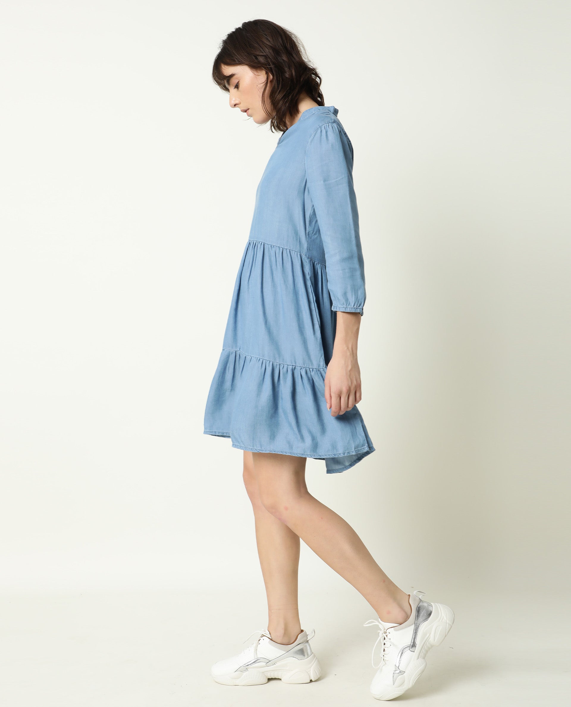 Rareism Women's Mayo Blue Lyocell V-Neck Plain Knee Length Relaxed Fit Dress