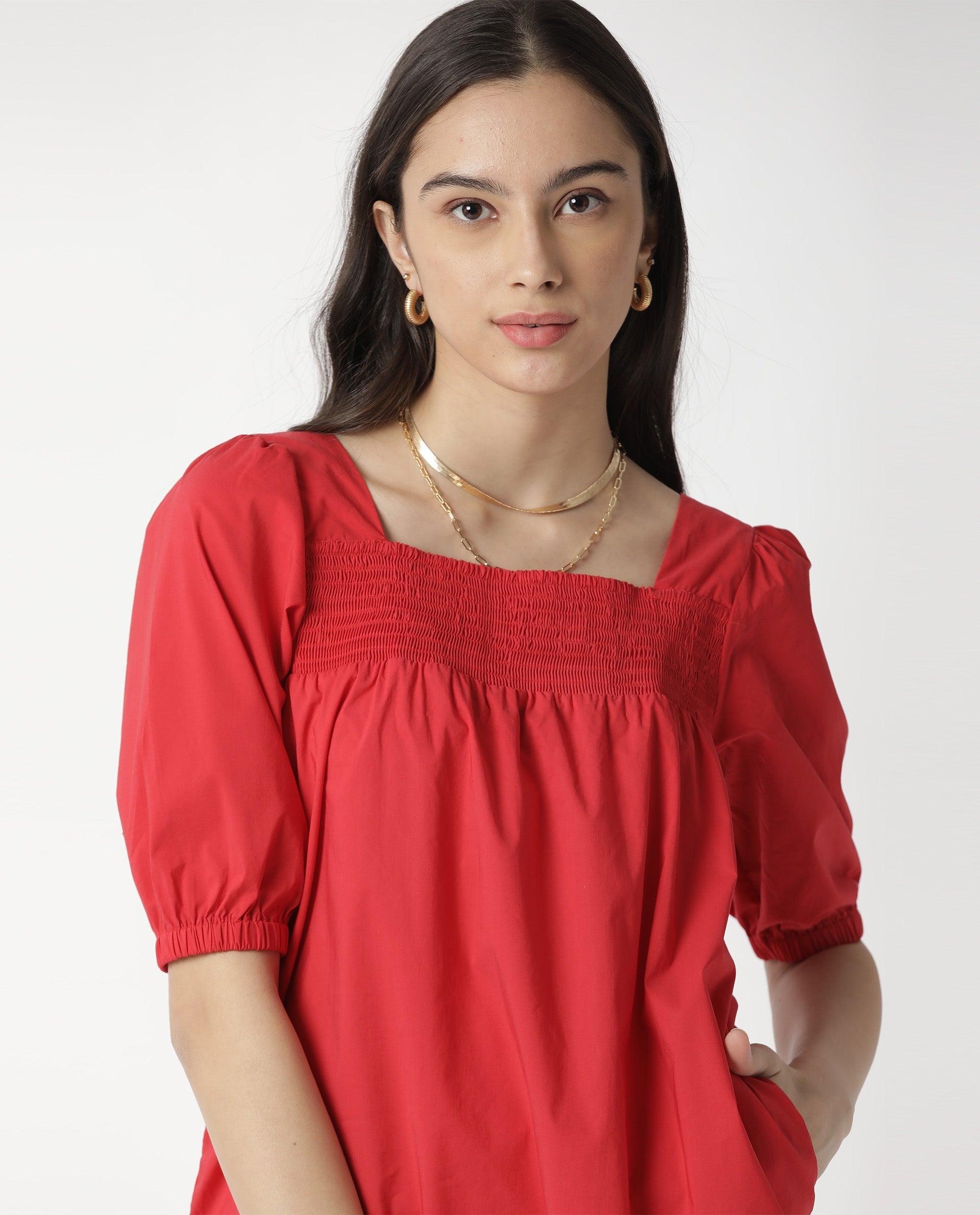Rareism Womens Catchy Red Dress Cotton Lycra Fabric Relaxed Fit Puff Sleeves Square Neck