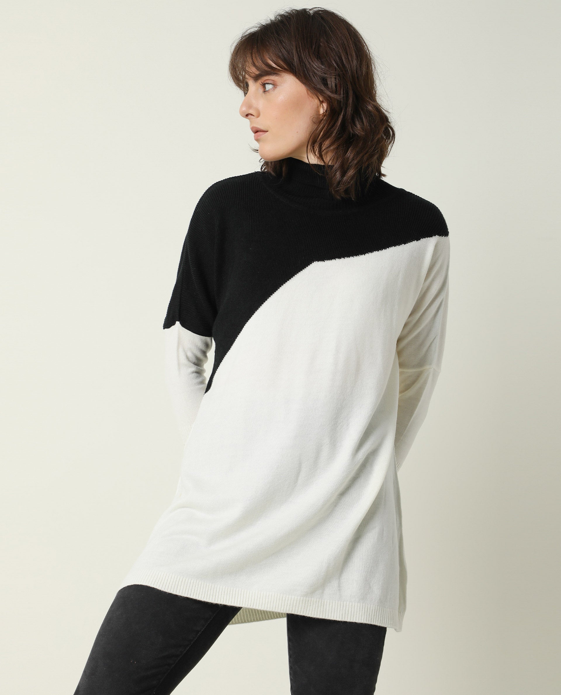 Rareism Women Spaton Black Acrylic Fabric Full Sleeves Knee Length Regular Fit Color Blocked High Neck Sweater