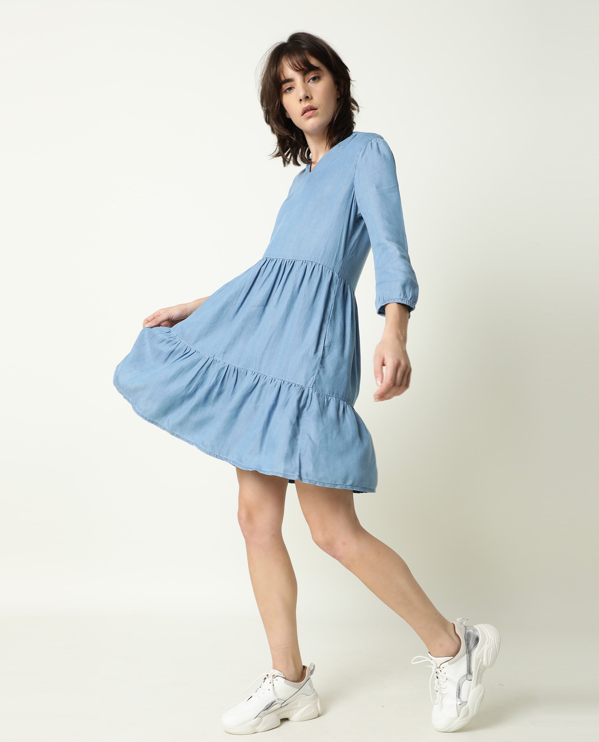 Rareism Women's Mayo Blue Lyocell V-Neck Plain Knee Length Relaxed Fit Dress