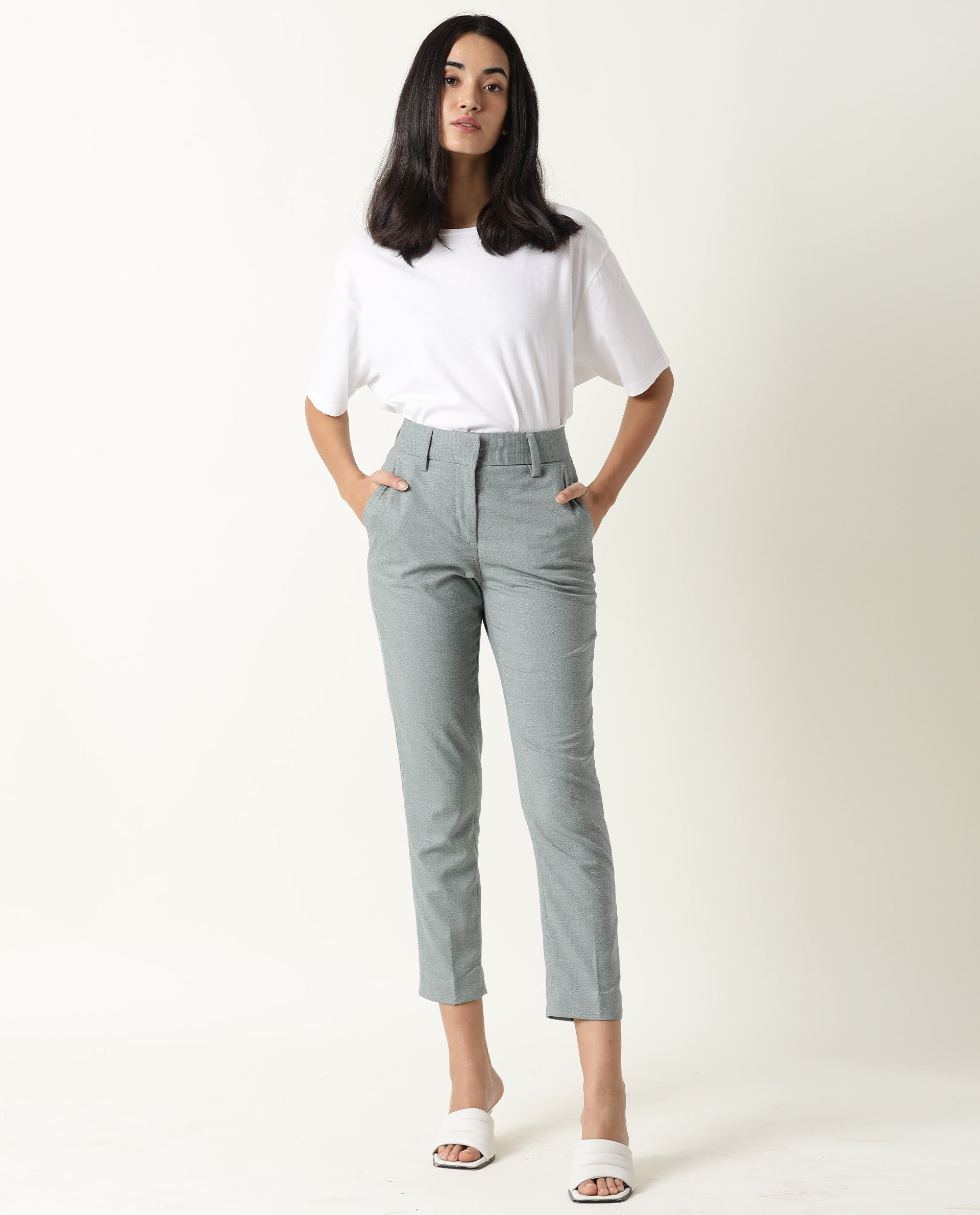 Rareism Women Ophilia Green Trousers Cotton Poly Fabric Full Sleeves Button Closure Solid