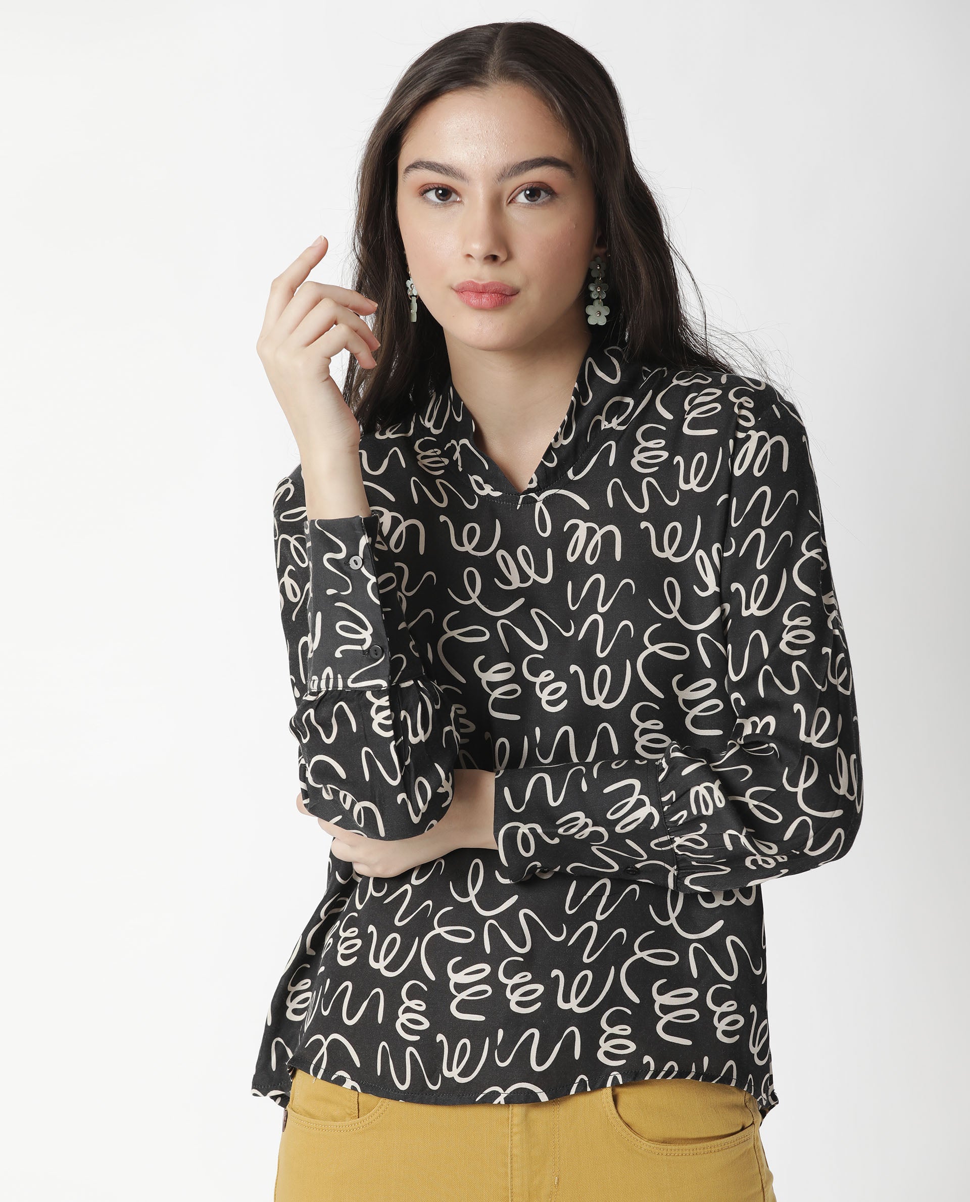 Rareism Womens Zesh Black Top Modal Satin Fabric Regular Fit Full Sleeve High Neck