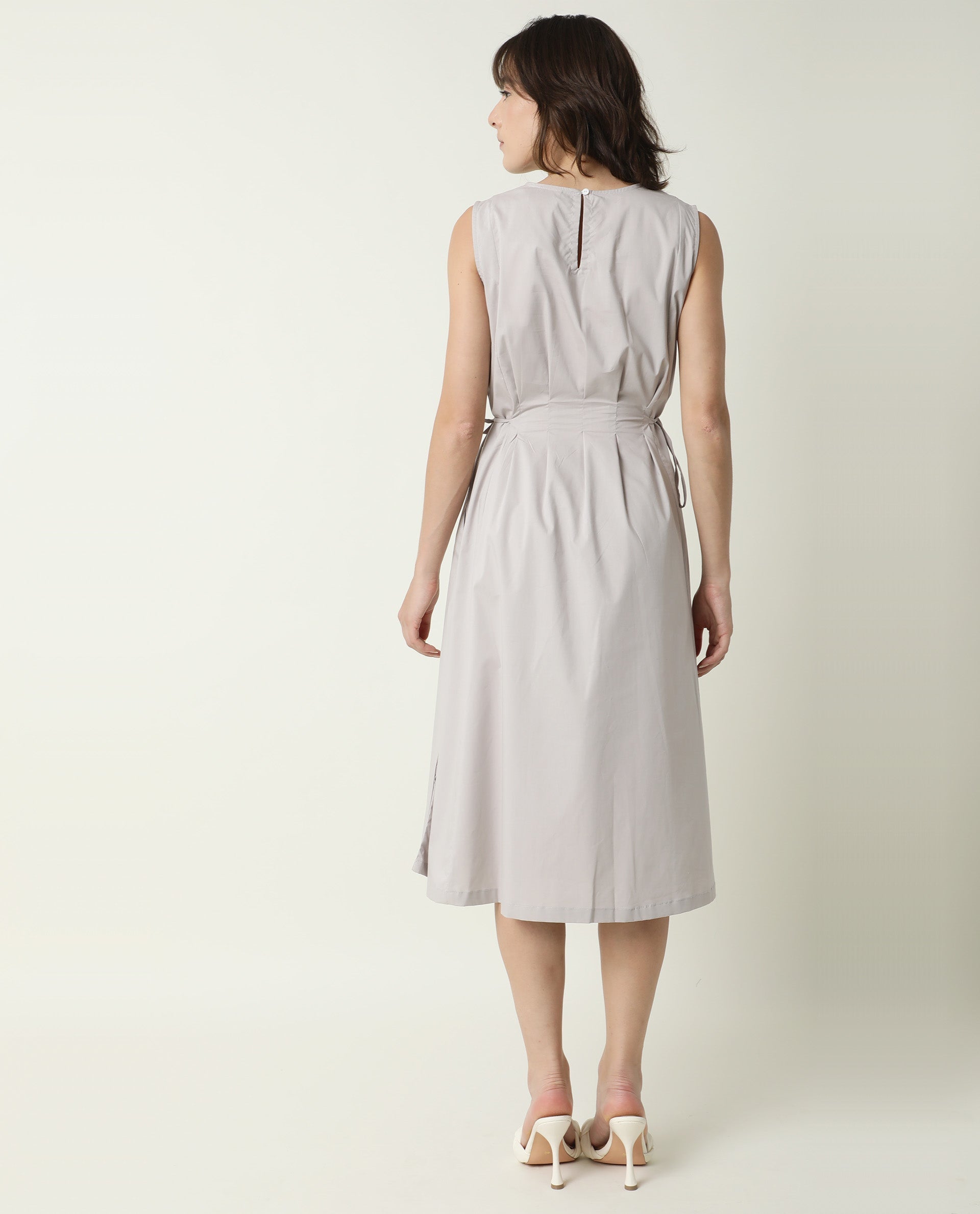 Rareism Womens Zippo Grey Dress Cotton Lycra Fabric Regular Fit Sleeveless Round Neck