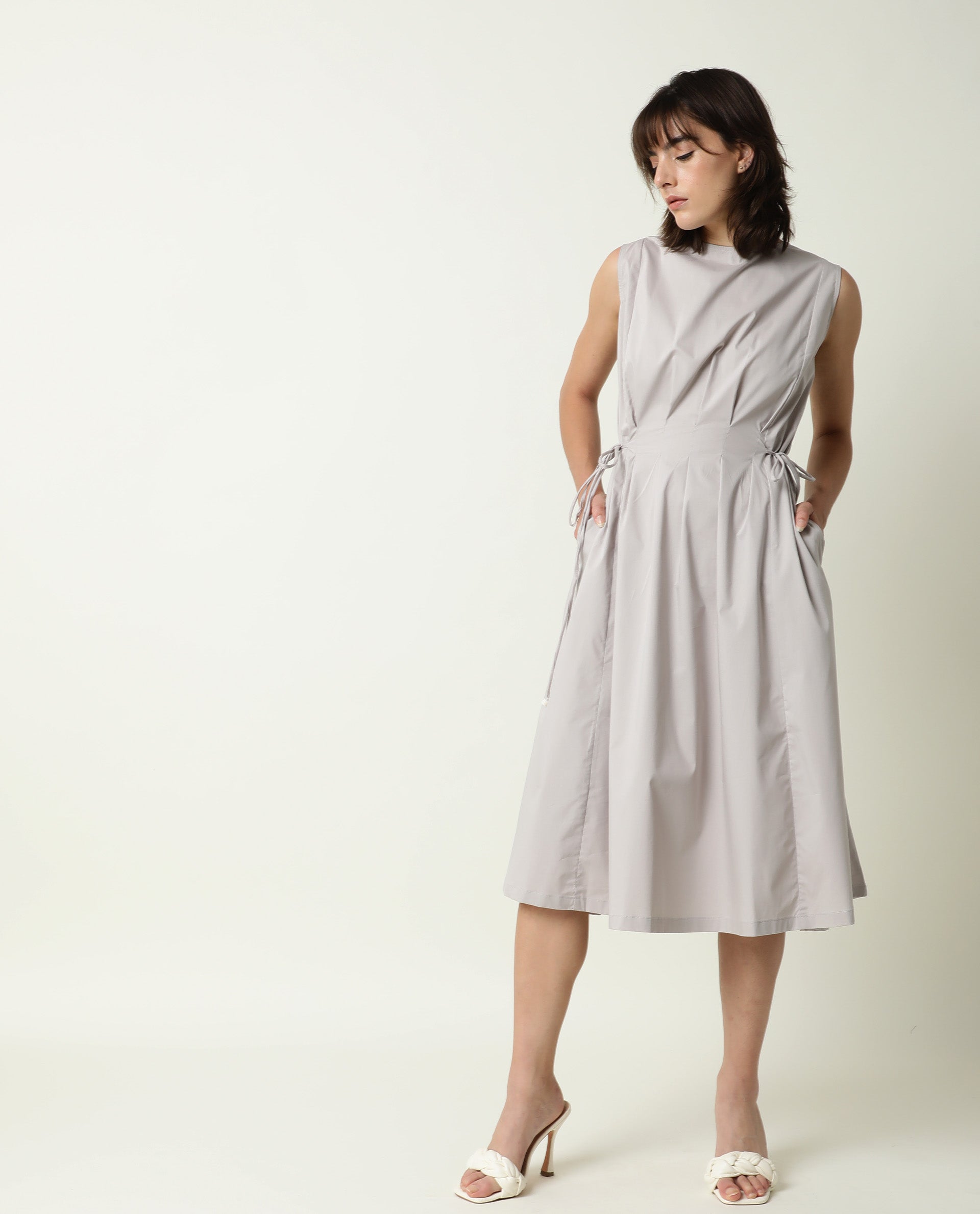 Rareism Womens Zippo Grey Dress Cotton Lycra Fabric Regular Fit Sleeveless Round Neck