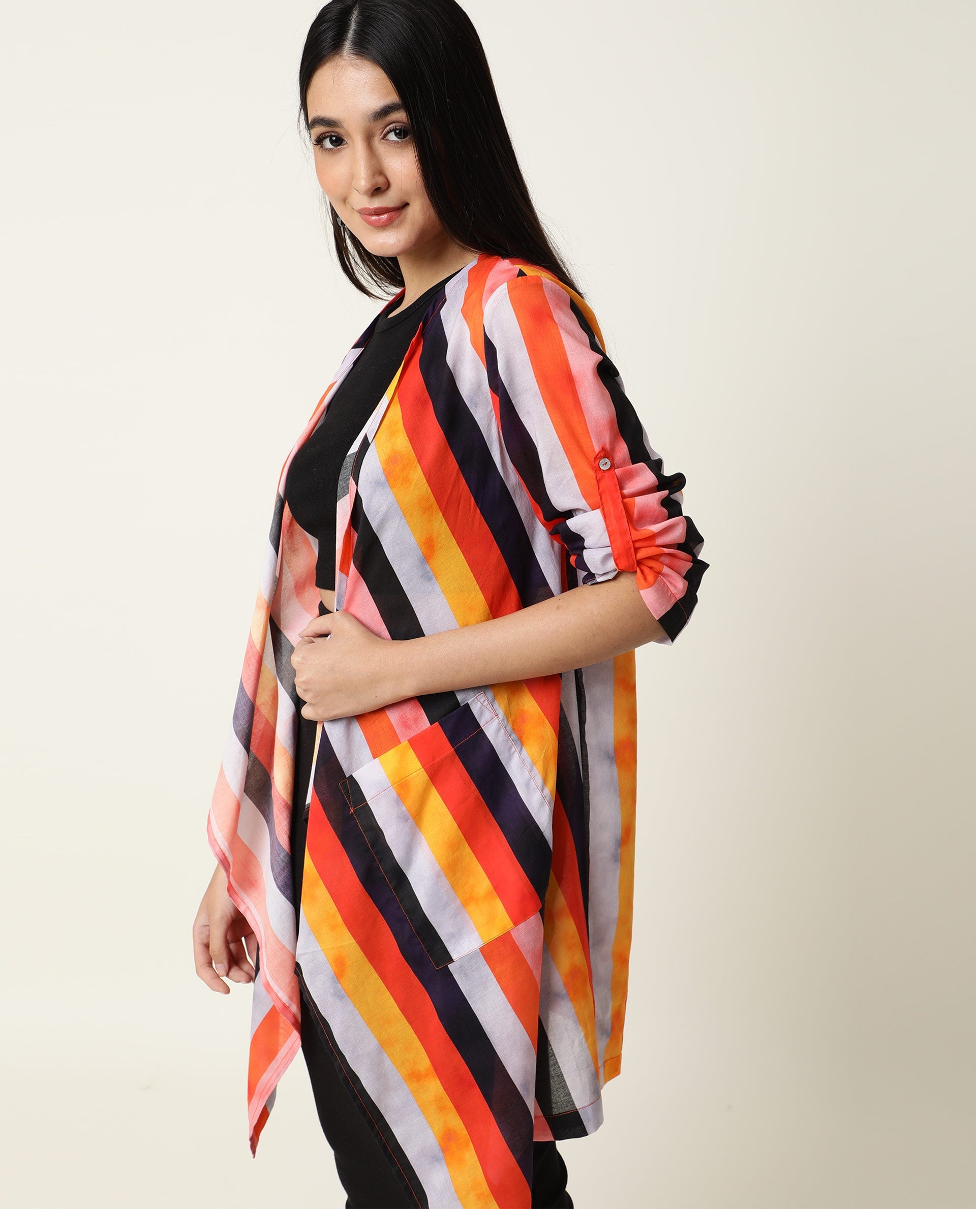 Rareism Women's Maaza Multi Cotton Collarless Striped Relaxed Fit Shrug