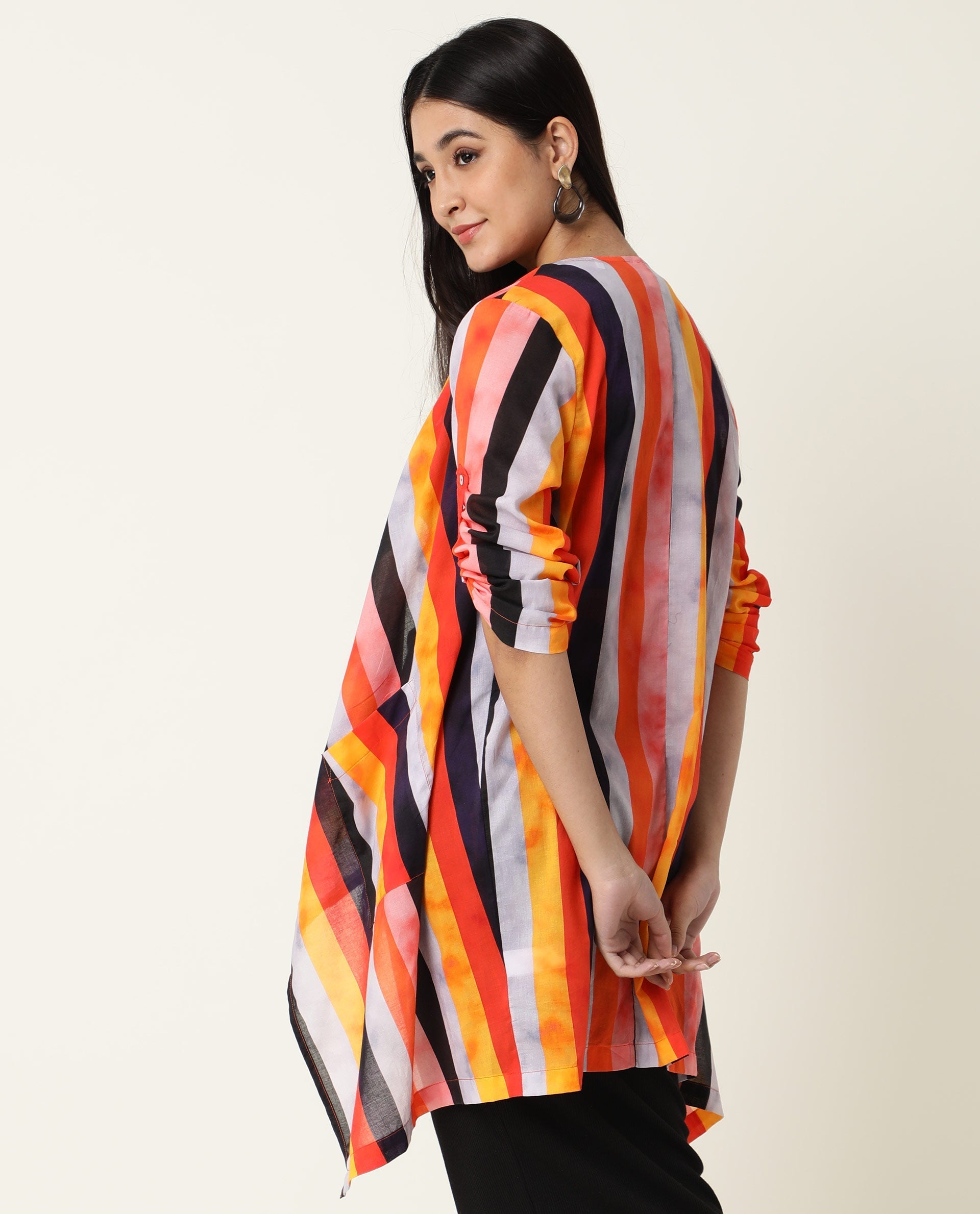 Rareism Women's Maaza Multi Cotton Collarless Striped Relaxed Fit Shrug