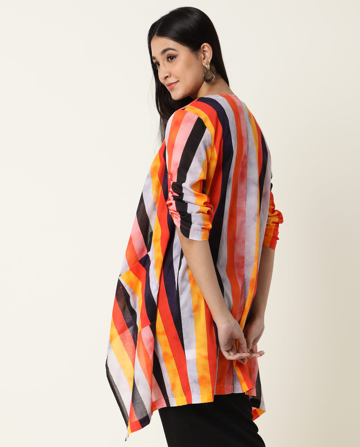 Rareism Women Maaza Multi Cotton Fabric 3/4Th Sleeves Striped Collarless Shrug