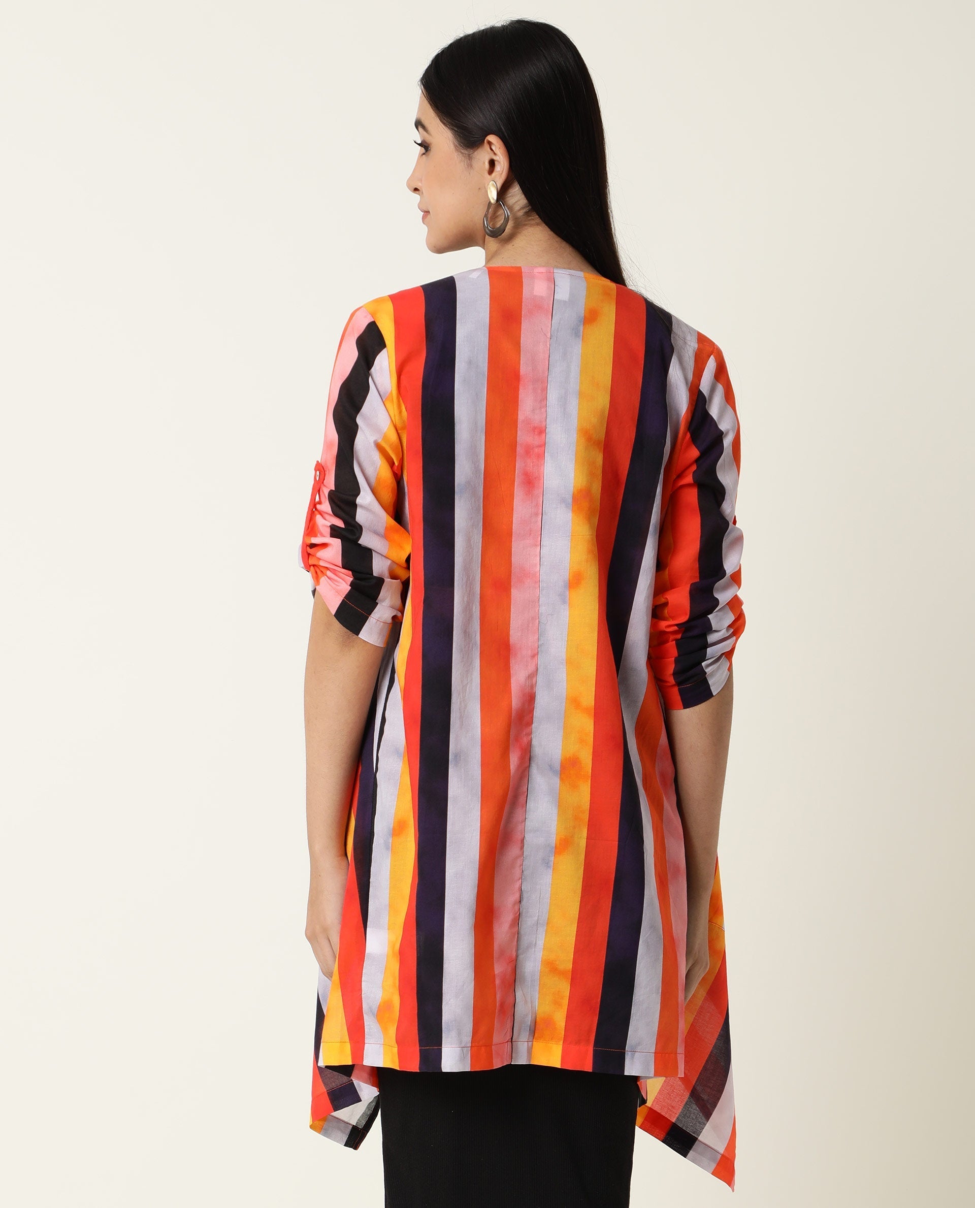 Rareism Women's Maaza Multi Cotton Collarless Striped Relaxed Fit Shrug