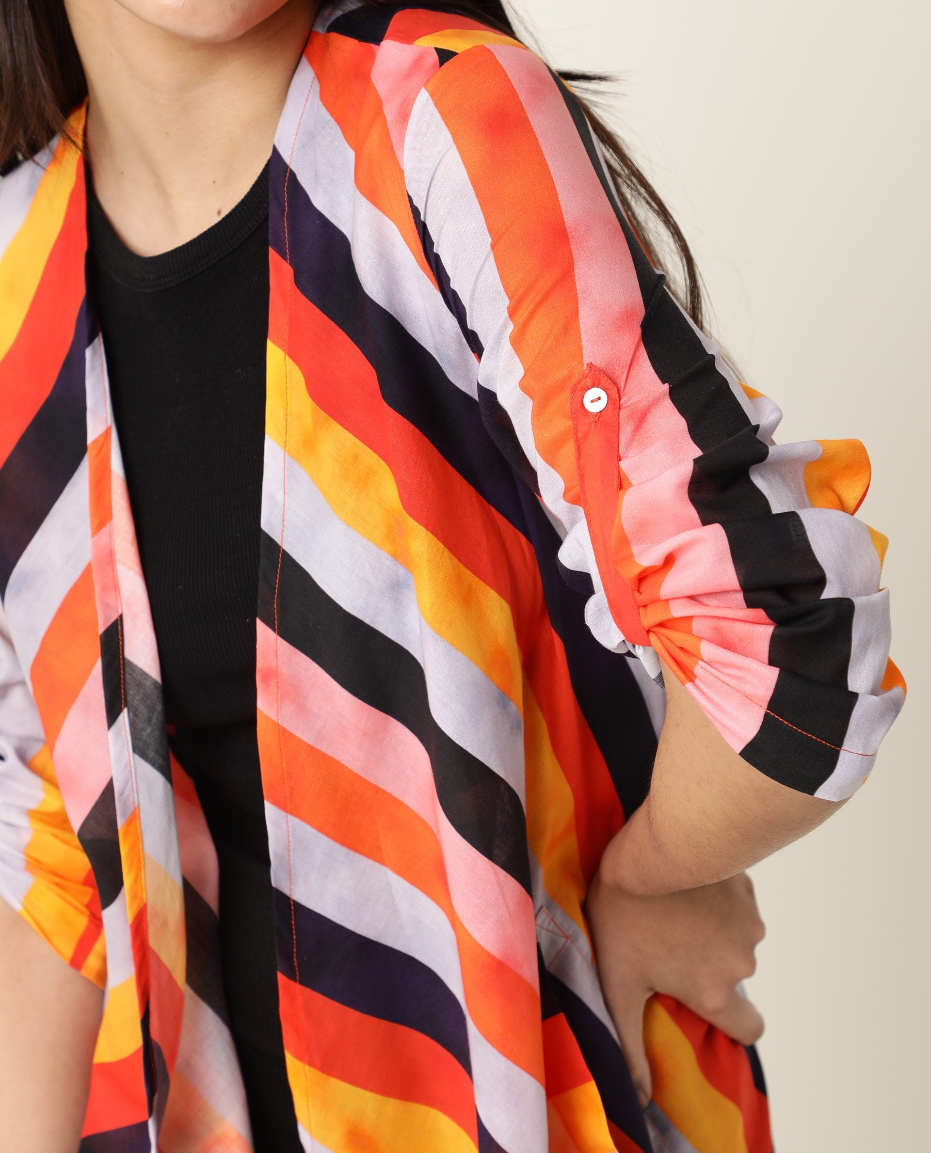 Rareism Women's Maaza Multi Cotton Collarless Striped Relaxed Fit Shrug
