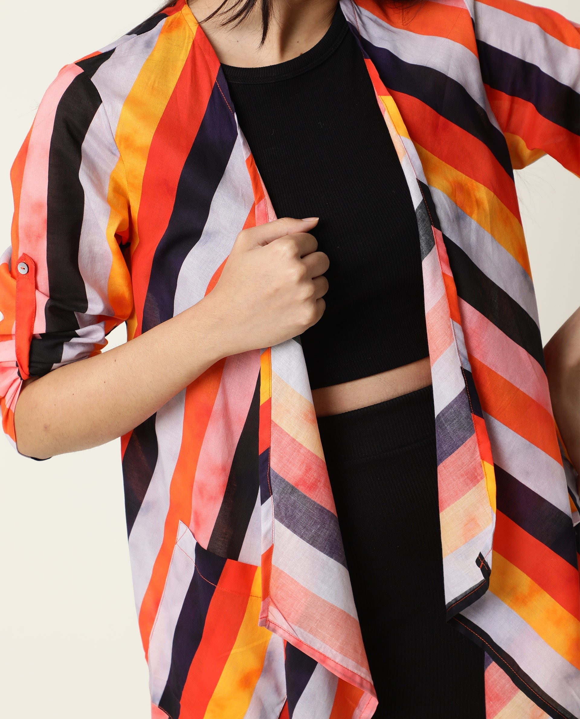 Rareism Women's Maaza Multi Cotton Collarless Striped Relaxed Fit Shrug