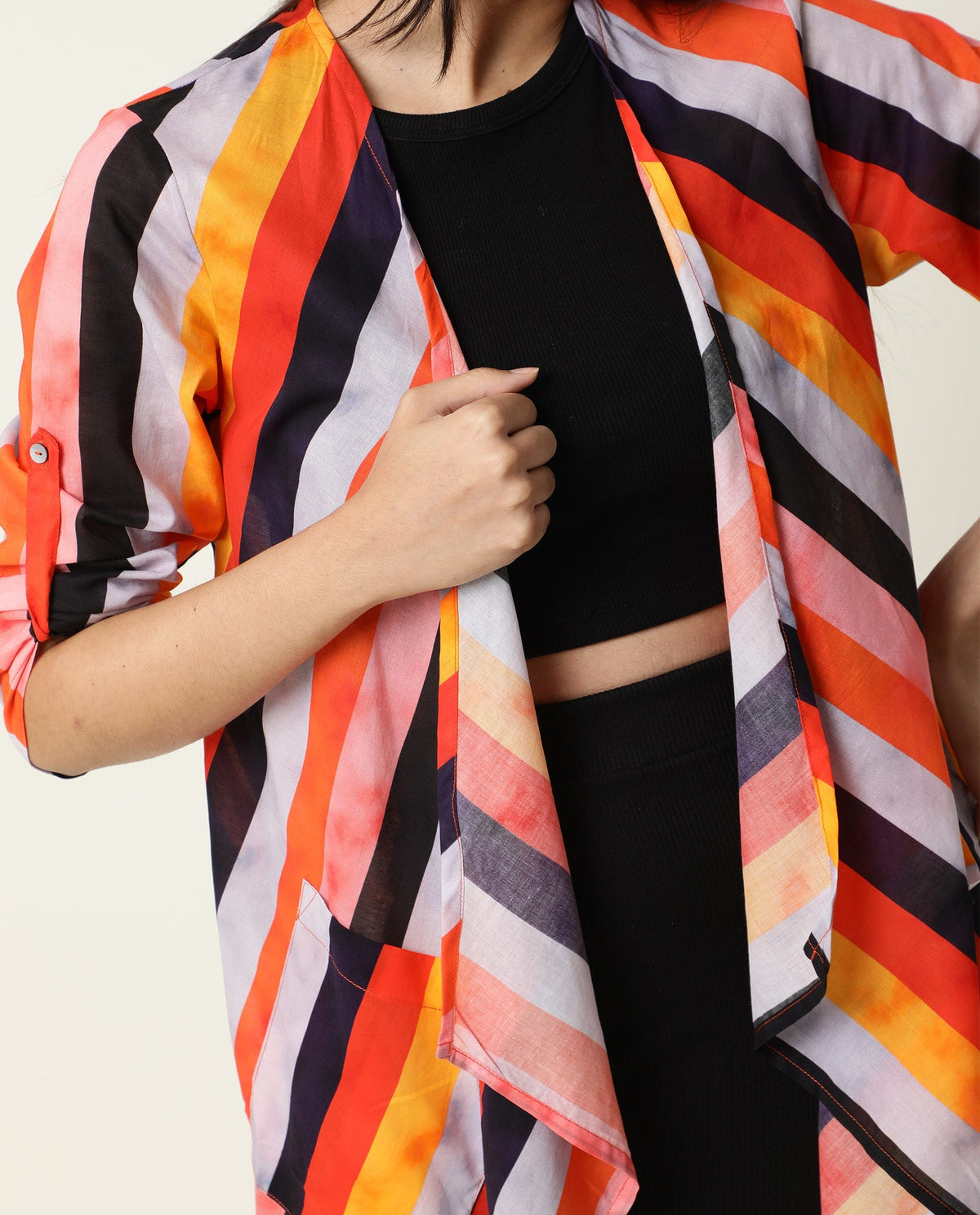Rareism Women Maaza Multi Cotton Fabric 3/4Th Sleeves Striped Collarless Shrug