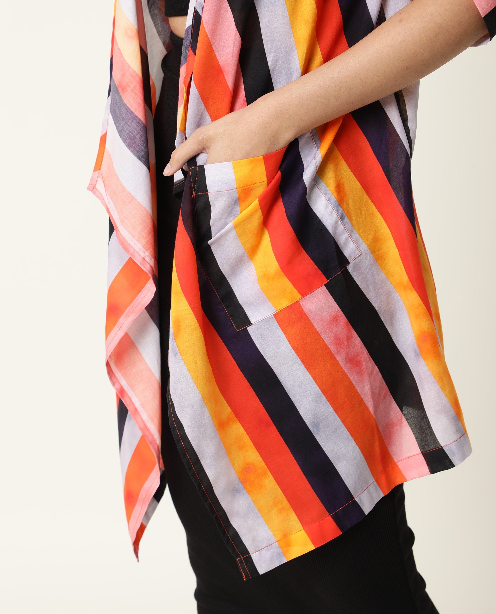 Rareism Women's Maaza Multi Cotton Collarless Striped Relaxed Fit Shrug