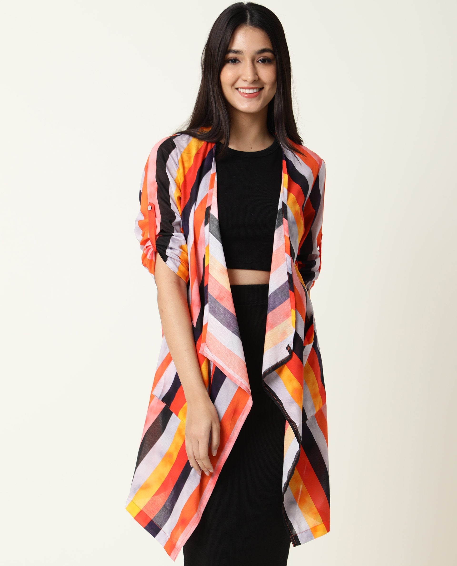 Rareism Women's Maaza Multi Cotton Collarless Striped Relaxed Fit Shrug